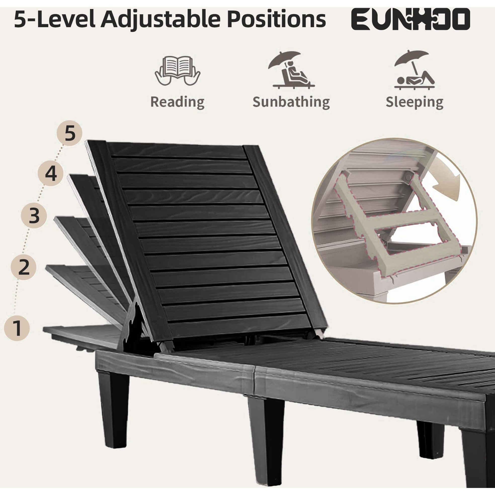 Eunhoo Chaise Lounge Outdoor,Adjustable Pool Lounge Chair With 5 Positions Backrest, Waterproof Sun Loungers For Garden Pool Beach Patio Deck Sunbathing.Black