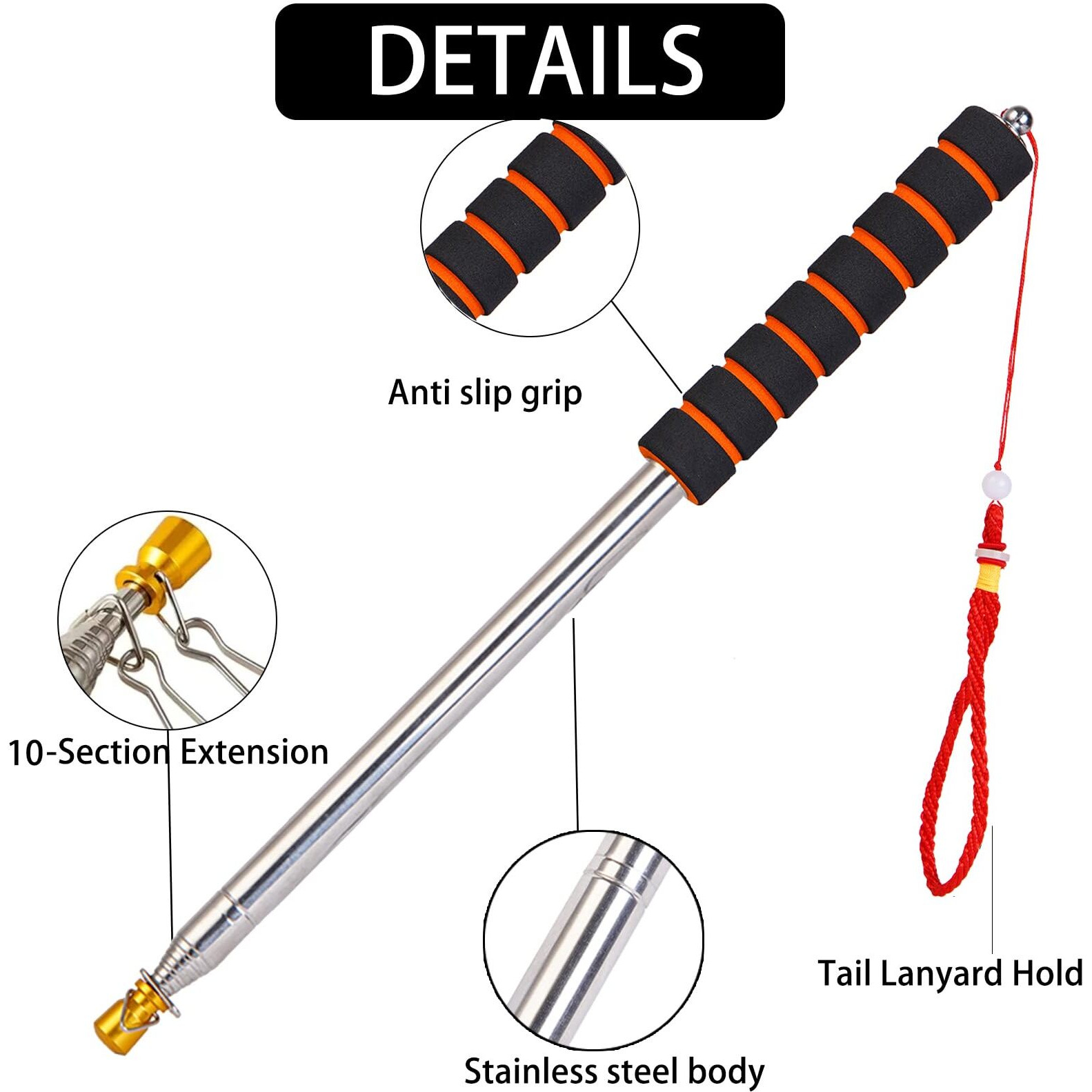 9.8Ft Telescopic Flag Pole,Stainless Steel Handheld Portable Extendable Retractable Flagpole With Clips,Anti-Slip Grip,Whistle,Telescoping Flag Banner Pole Pointer For Tour Guide,Teachers (Orange Red)
