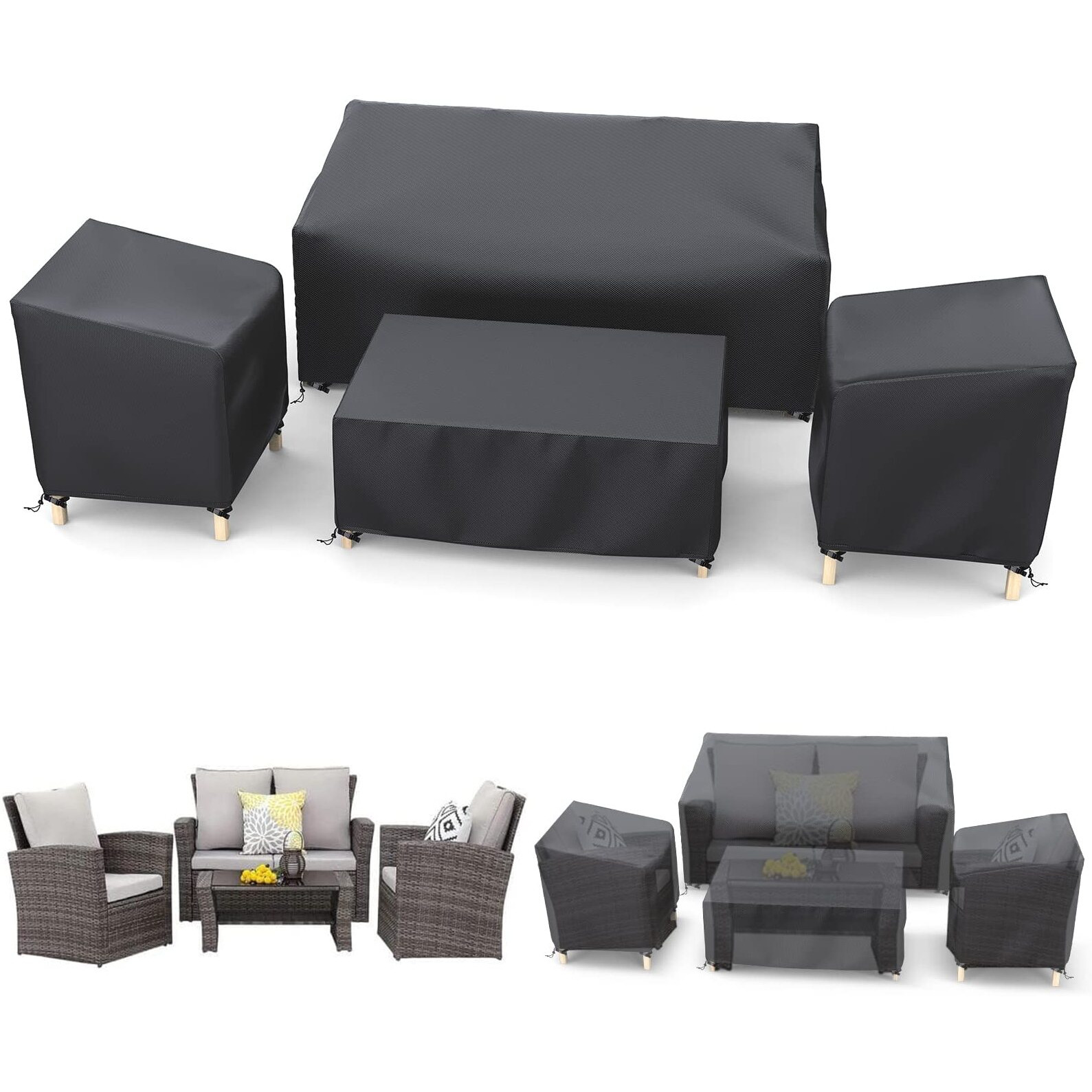 Startwo Outdoor Furniture Cover Waterproof, Patio Furniture Covers 4 Piece Set, Heavy Duty 500D Patio Furniture Set Cover For Chairs, Couch, Table Coffee, Black