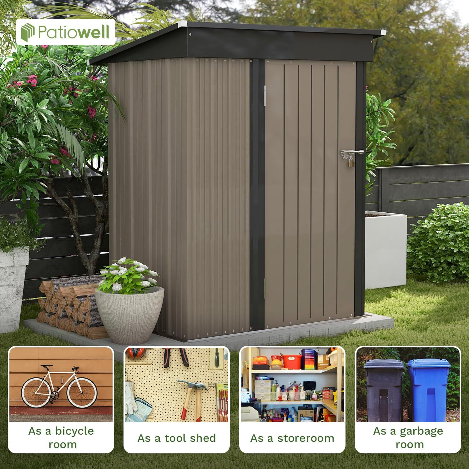 Patiowell 5X3 Ft Outdoor Storage Shed, Tool Shed With Sloping Roof And Lockable Door, Metal Shed For Backyard Garden Patio Lawn, Brown