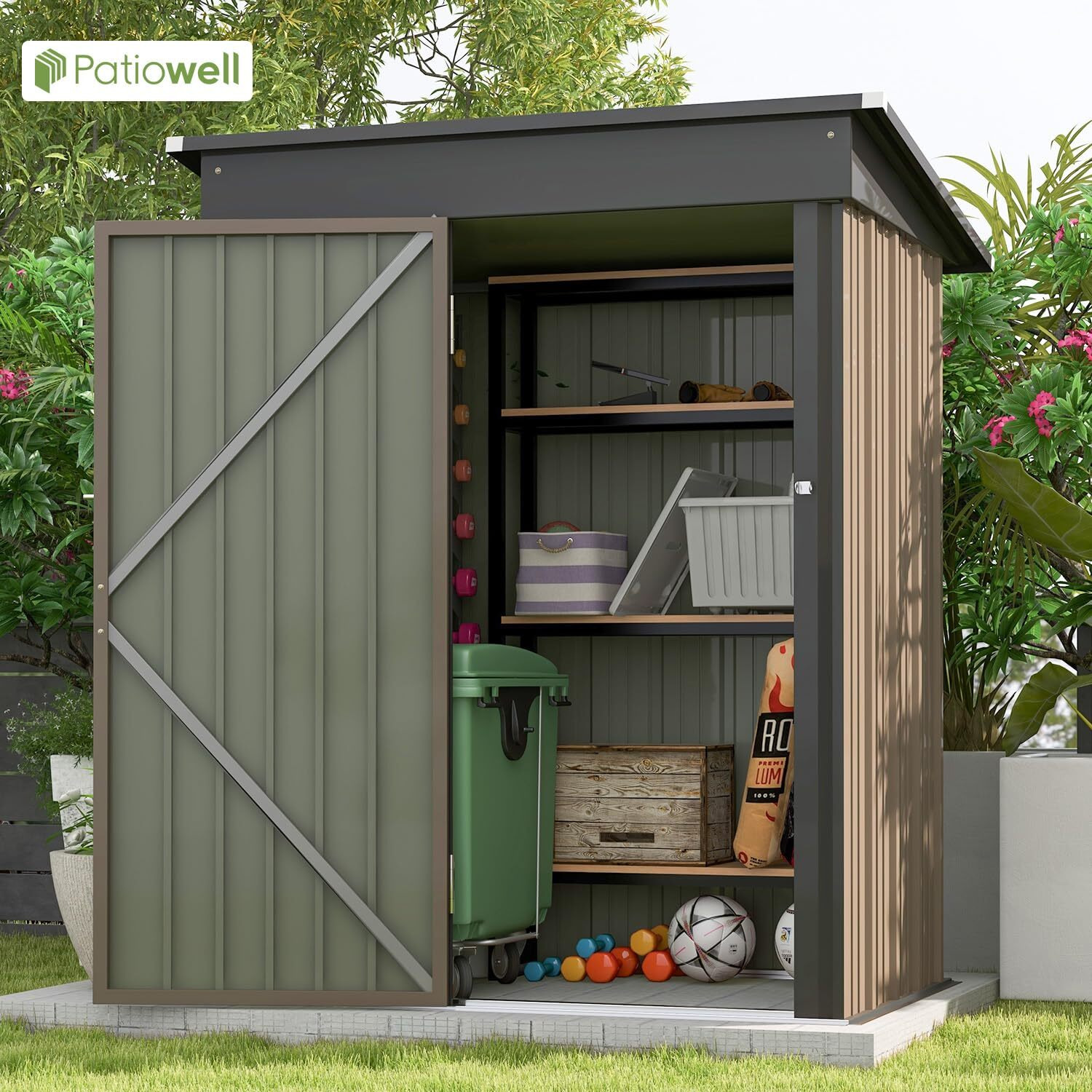 Patiowell 5X3 Ft Outdoor Storage Shed, Tool Shed With Sloping Roof And Lockable Door, Metal Shed For Backyard Garden Patio Lawn, Brown