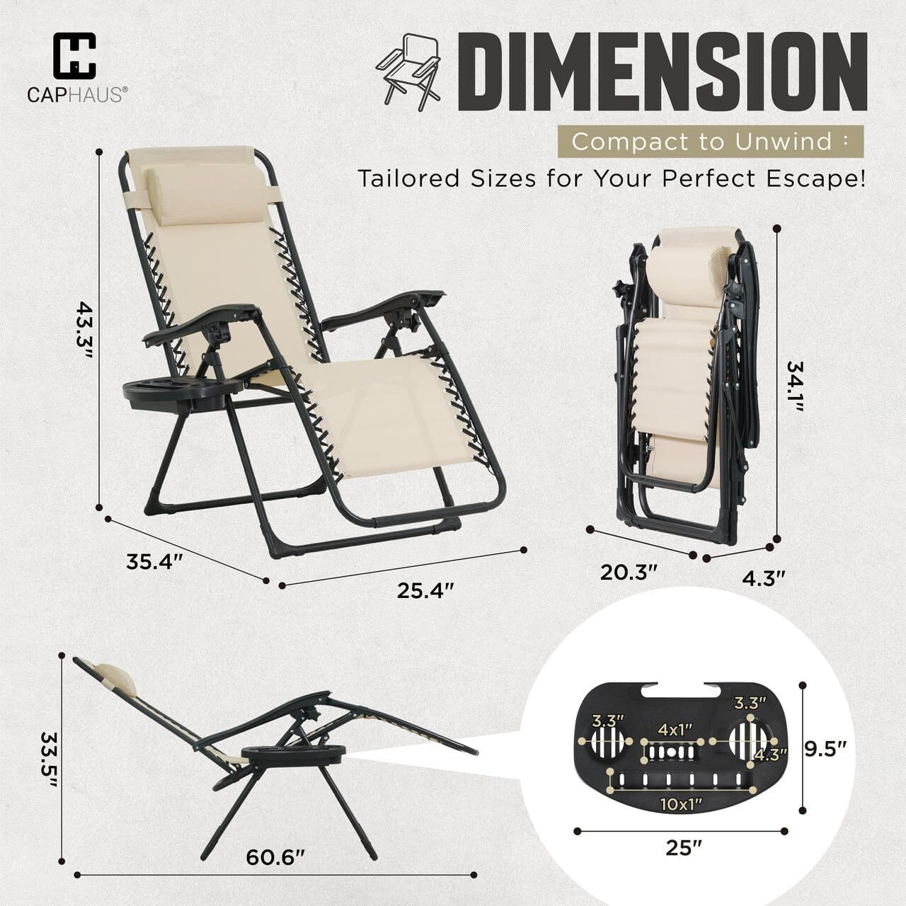 Caphaus Set Of 2 Beige Zero Gravity Chair, Zero Gravity Recliner, Zero Gravity Lounge Chair, Anti-Gravity Chair For Indoor & Outdoor, Folding Reclining Chair W/Side Tray, Adjustable Pillow, Beige