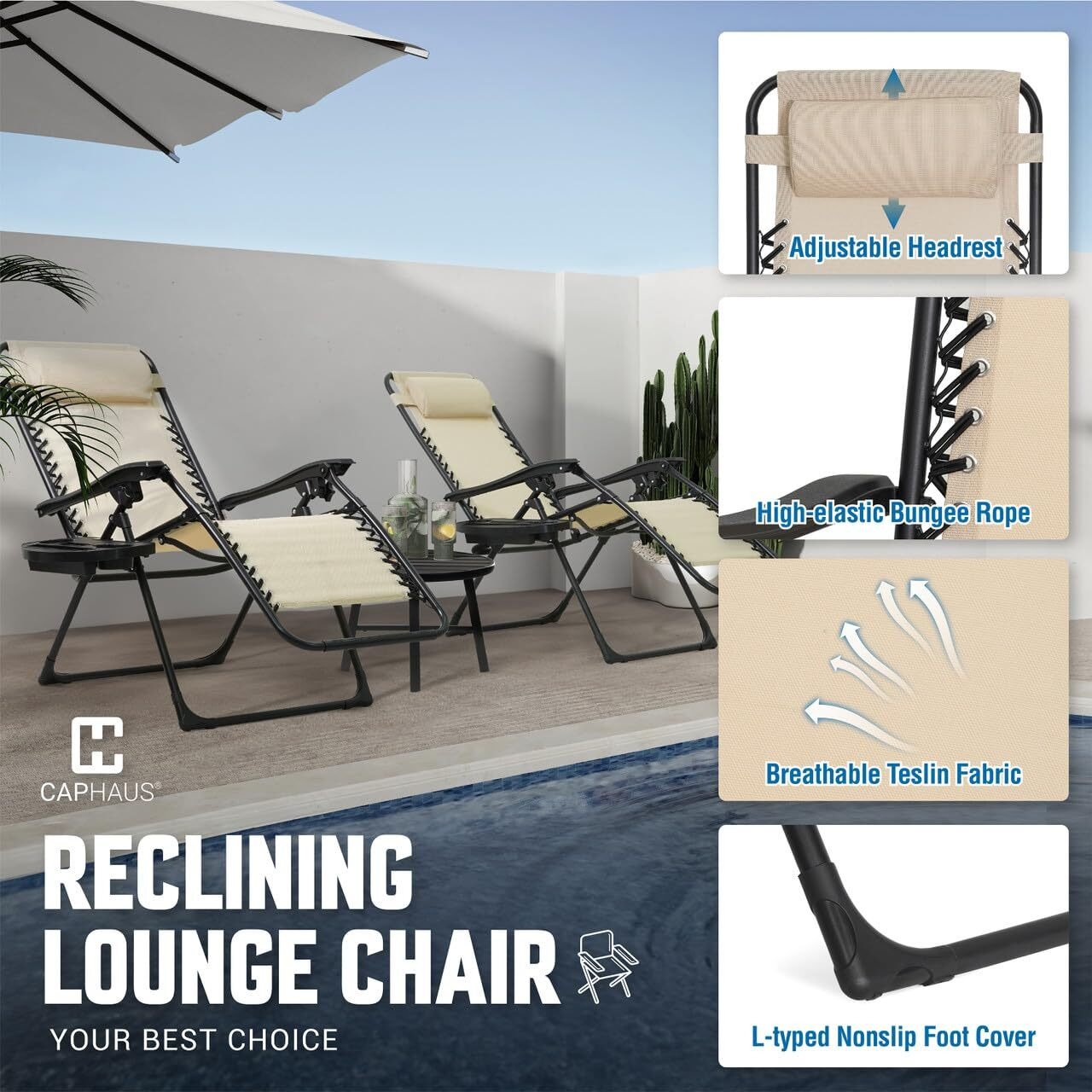 Caphaus Set Of 2 Beige Zero Gravity Chair, Zero Gravity Recliner, Zero Gravity Lounge Chair, Anti-Gravity Chair For Indoor & Outdoor, Folding Reclining Chair W/Side Tray, Adjustable Pillow, Beige