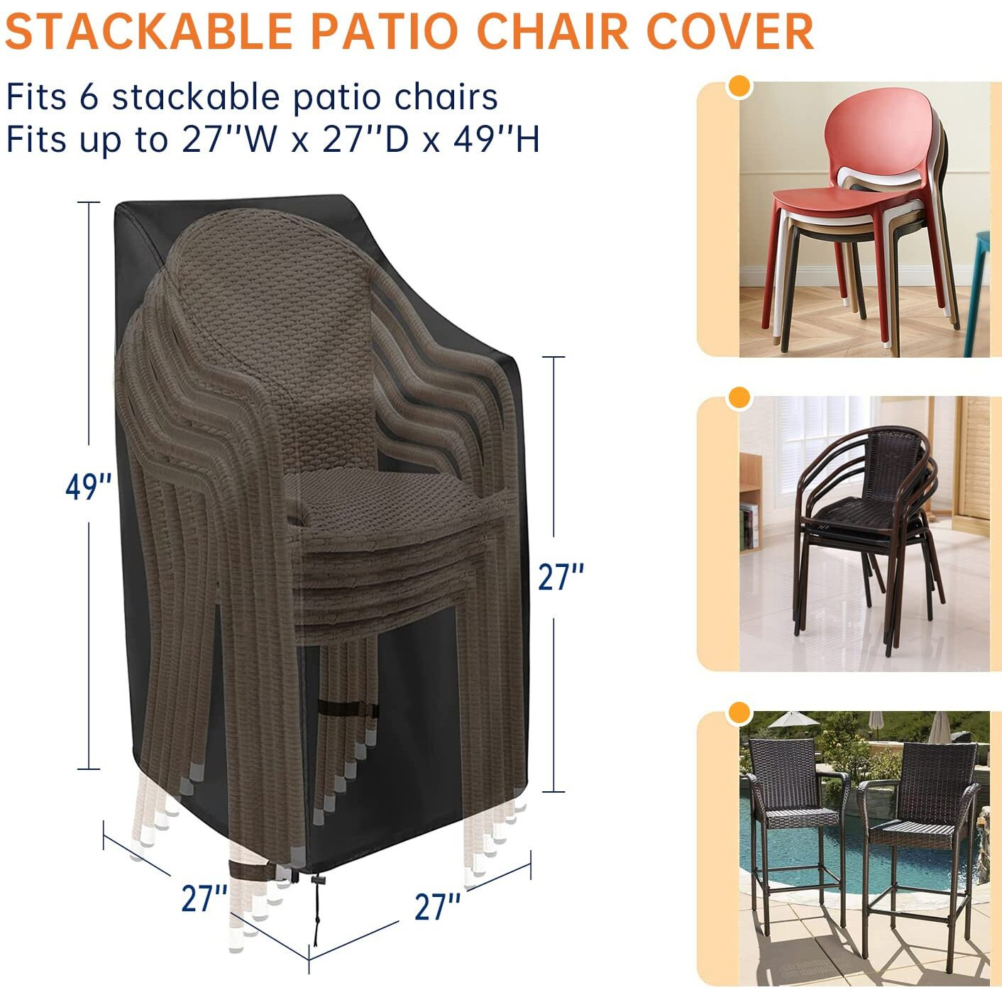 Mavincher Stackable Patio Chair Covers, High Back Outdoor Chair Covers, 600D Heavy Duty Waterproof Lawn Outside Barstool Furniture Covers,Fits For 4-6 Stackable Dining Chairs,27"&quotW X 27"&quotD X 49"&quotH,2 Pack