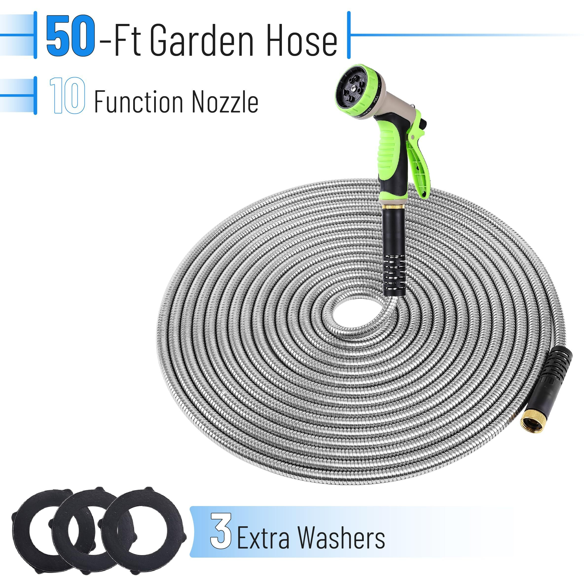 Unco- Garden Hose 50 Feet, Stainless Steel Hose With 10 Functions Spray Nozzle, Silver Metal Hose 50 Ft, Metal Garden Hose 50 Ft, Stainless Steel Garden Hose 50 Ft, No Kink Garden Hose