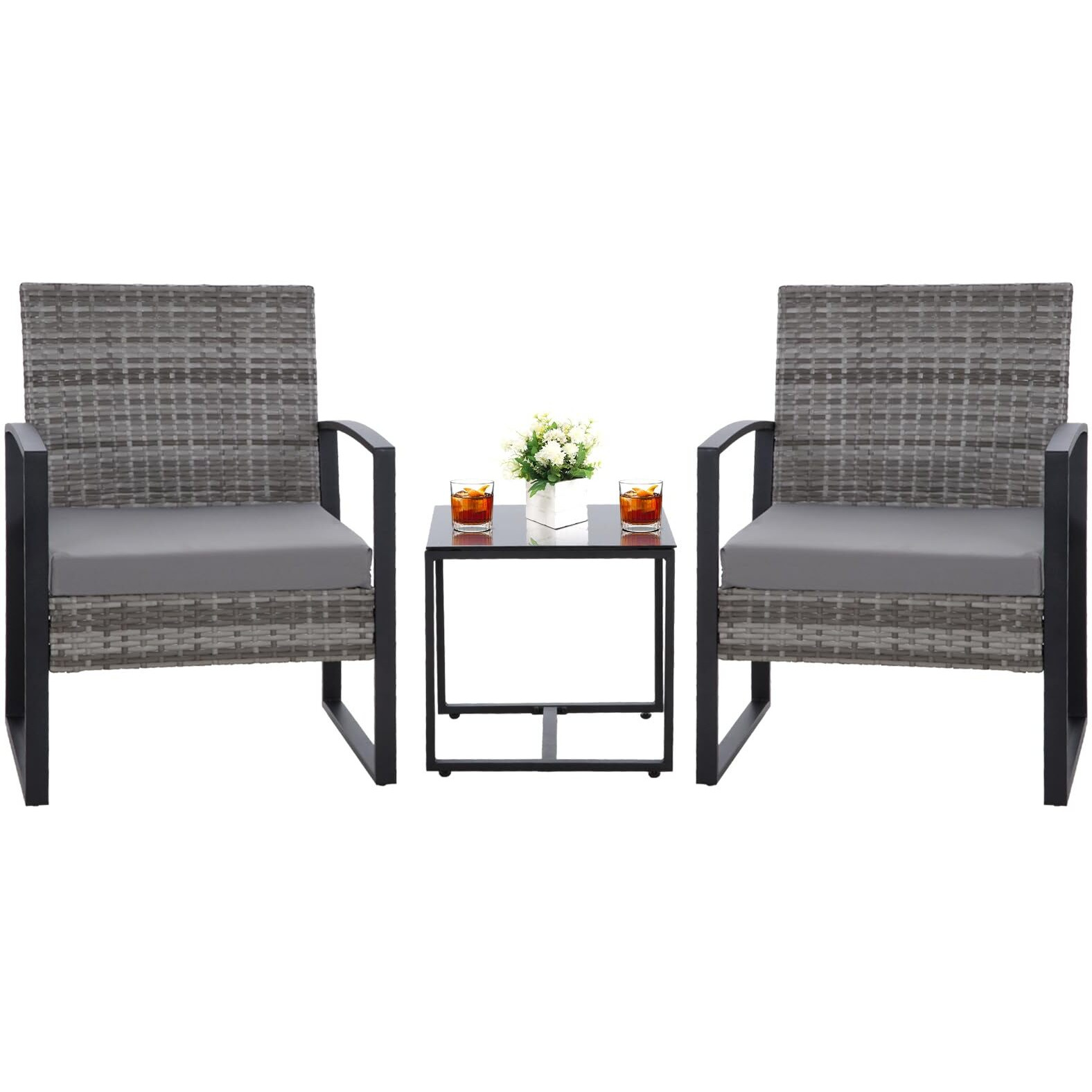 Hydragarden 3Pcs Patio Furniture Set, Outdoor Wicker Bistro Conversation Set With Padded Cushions & Glass Table, Garden Rattan Chair Set For Porch Balcony Backyard (Plus Grey Wicker & Grey Cushions)