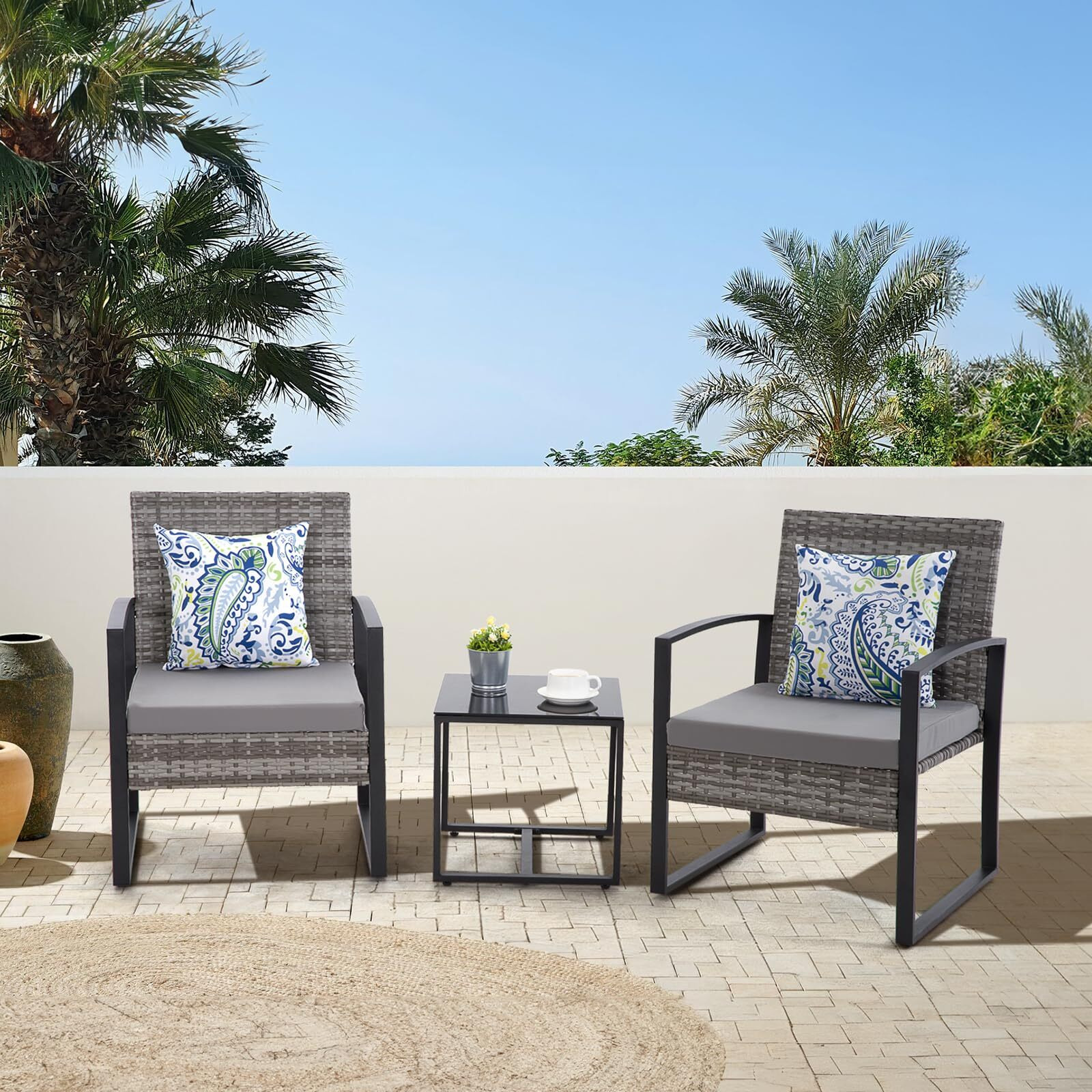 Hydragarden 3Pcs Patio Furniture Set, Outdoor Wicker Bistro Conversation Set With Padded Cushions & Glass Table, Garden Rattan Chair Set For Porch Balcony Backyard (Plus Grey Wicker & Grey Cushions)