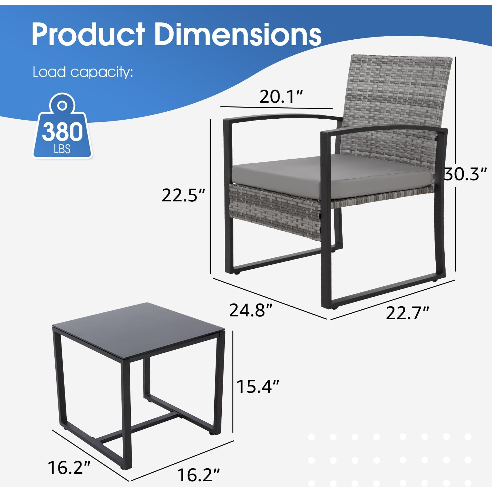 Hydragarden 3Pcs Patio Furniture Set, Outdoor Wicker Bistro Conversation Set With Padded Cushions & Glass Table, Garden Rattan Chair Set For Porch Balcony Backyard (Plus Grey Wicker & Grey Cushions)
