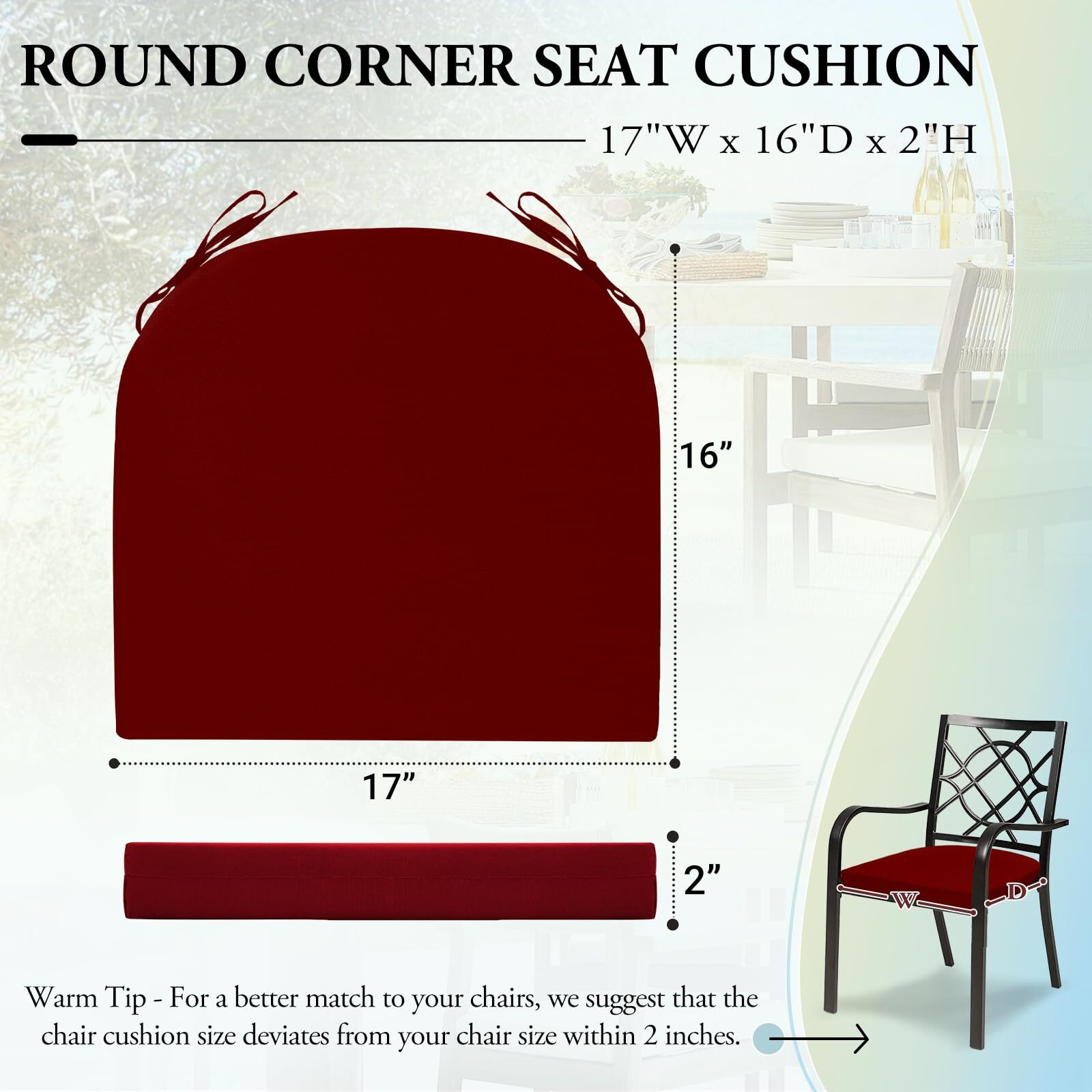 Wellsin Outdoor Chair Cushions For Patio Furniture - Patio Chair Cushions Set Of 6 - Waterproof Round Corner Outdoor Seat Cushions 17"&quotX16"&quotX2"", Burgundy