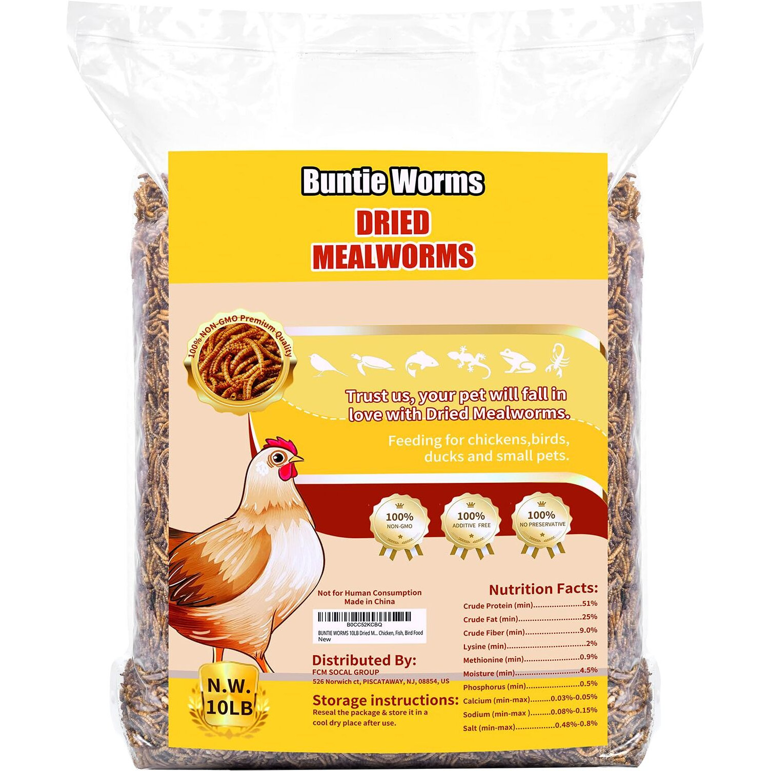 Buntie Worms 10Lb Dried Mealworms, 100% Natural, Non-Gmo Meal Worms, Dried For Chickens, Wild Birds, Reptile, Hamster, Hedgehog, Pigeon
