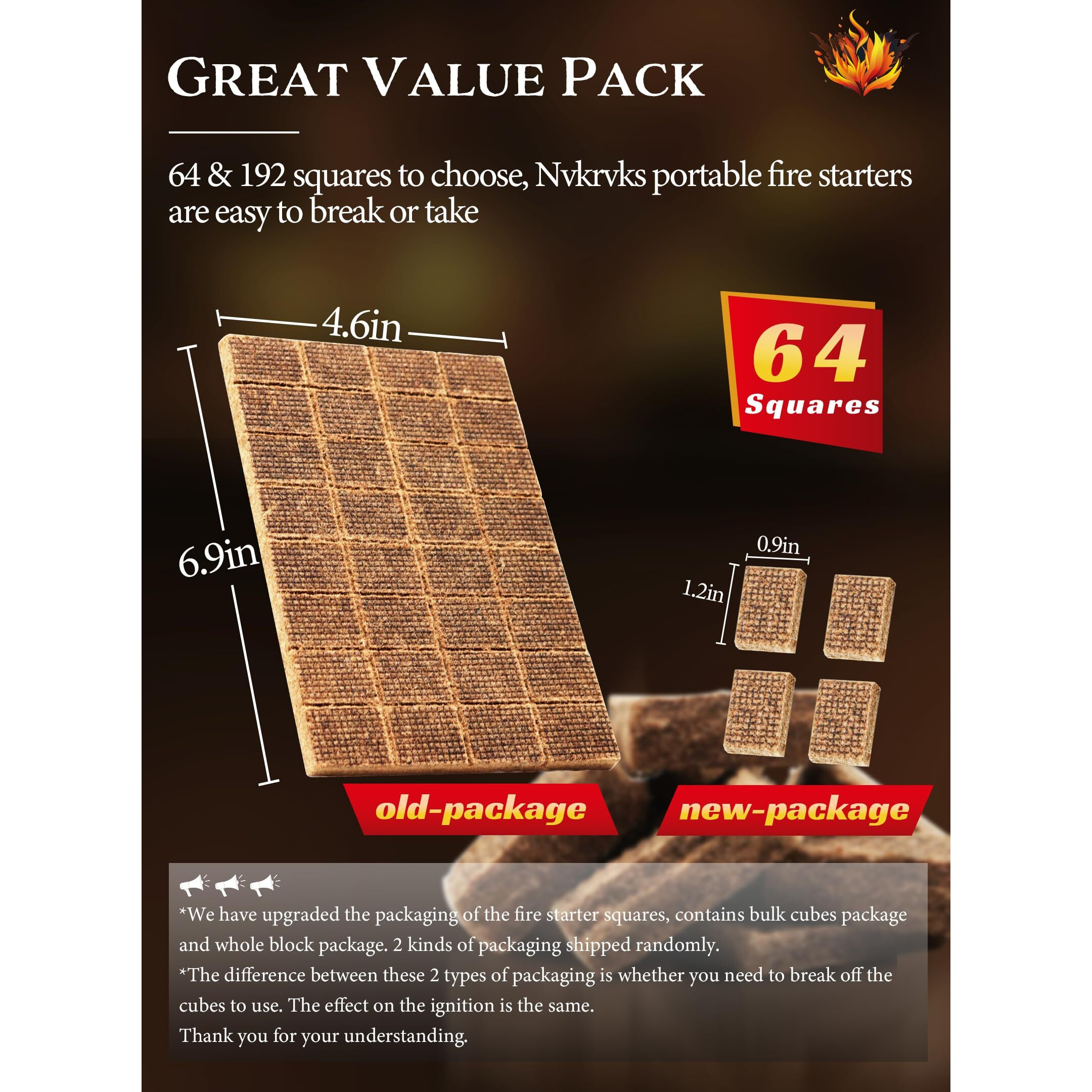 Nvkrvks Fire Starter, Easy-Burning Fire Starter Squares For Wood Stoves, Campfires, Grill Pit And Fireplace, Natural & Waterproof Bbq Fire Starters, 64 Mini Square