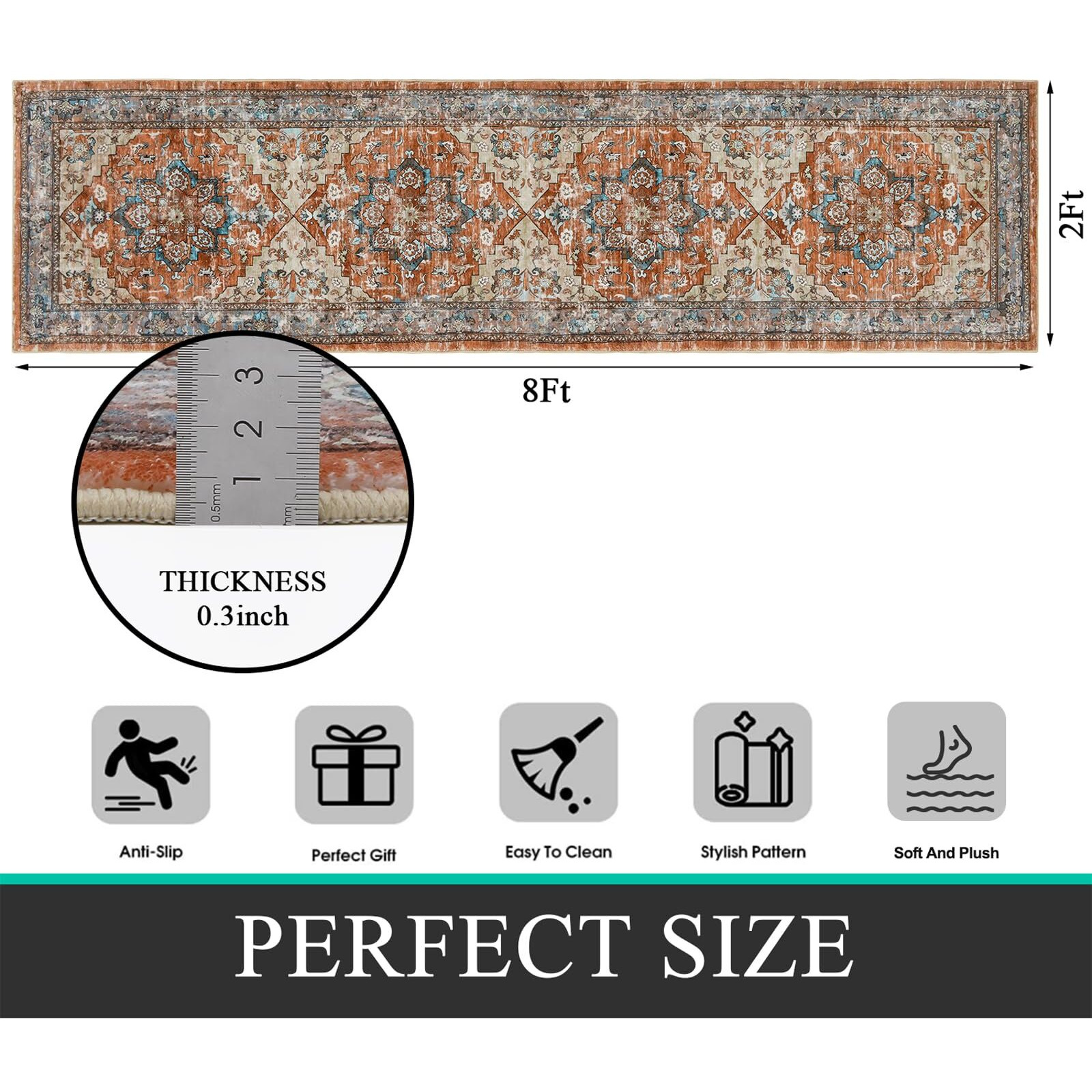 Bsmathom Vintage Runner Rug 2X8, Non-Slip Non-Shedding Hallway Rug Runner, Soft Machine Washable Area Rug Long Rug Runner, Low-Pile Floor Carpet For Hallway Entryway, Red