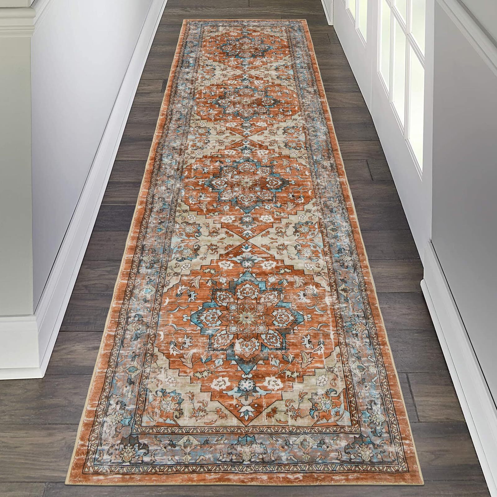 Bsmathom Vintage Runner Rug 2X8, Non-Slip Non-Shedding Hallway Rug Runner, Soft Machine Washable Area Rug Long Rug Runner, Low-Pile Floor Carpet For Hallway Entryway, Red