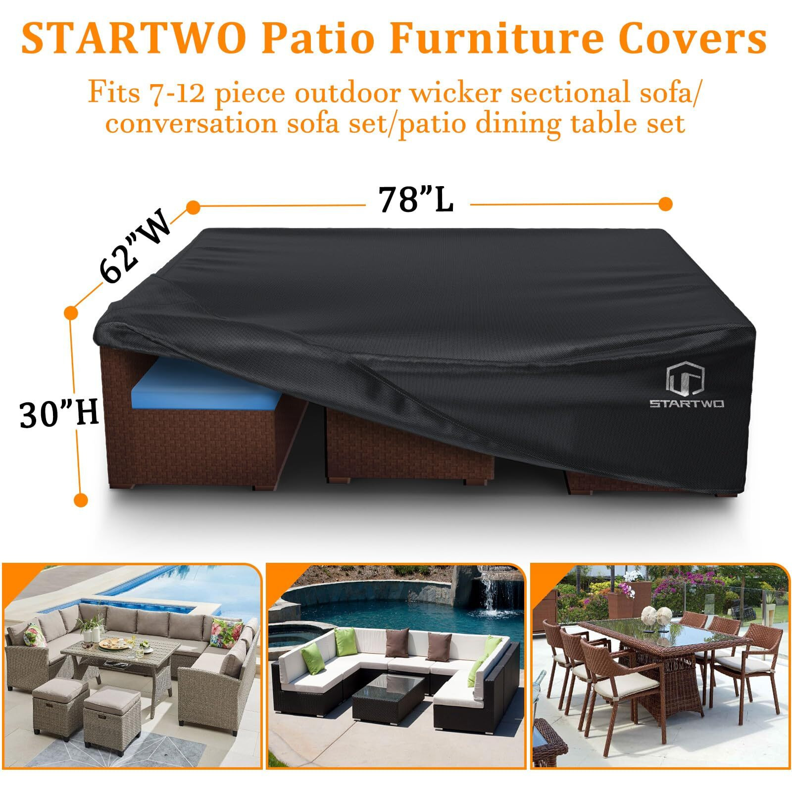 Startwo Patio Furniture Covers Waterproof, Anti-Uv Tear-Resistant Heavy Duty Outdoor Furniture Cover For Sectional Sofa, Patio Table Cover, 78"&quotLx62"&quotWx30"&quotH, Black