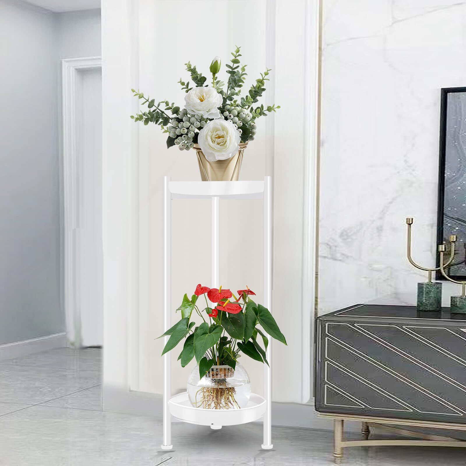 Lilybud--Lily Plant Stand Indoor Outdoor, 2 Tier Plant Stands For Indoor Outdoor Plants, 30'' Tall Flower Stand White Plant Shelf Metal Display Rack For Patio Garden Deck Living Room