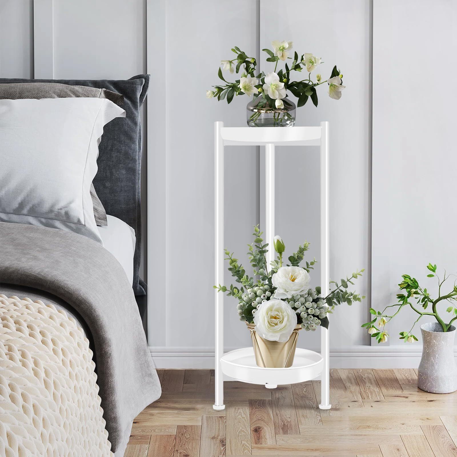 Lilybud--Lily Plant Stand Indoor Outdoor, 2 Tier Plant Stands For Indoor Outdoor Plants, 30'' Tall Flower Stand White Plant Shelf Metal Display Rack For Patio Garden Deck Living Room