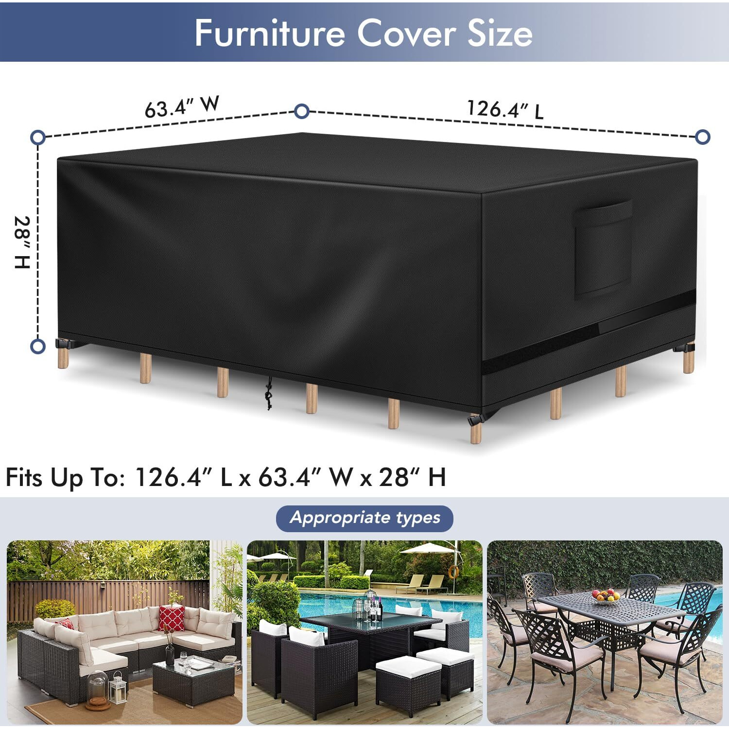 Richwon Patio Furniture Covers, Outdoor Table Covers Waterproof Rectangle, Heavy Duty Outdoor Furniture Covers For Patio Furniture, Outdoor Sectional Set Cover 126.4"&quotL X 63.4"&quotW X 28"&quotH, Black