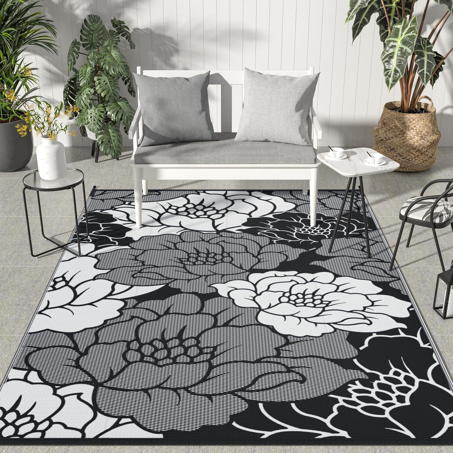 Genimo Outdoor Rug For Patio Clearance, 5'X8' Waterproof Mat, Reversible Plastic Straw Camping Carpet, Large Area Rugs For Rv, Backyard, Deck, Porch, Picnic, Mix-Black & White