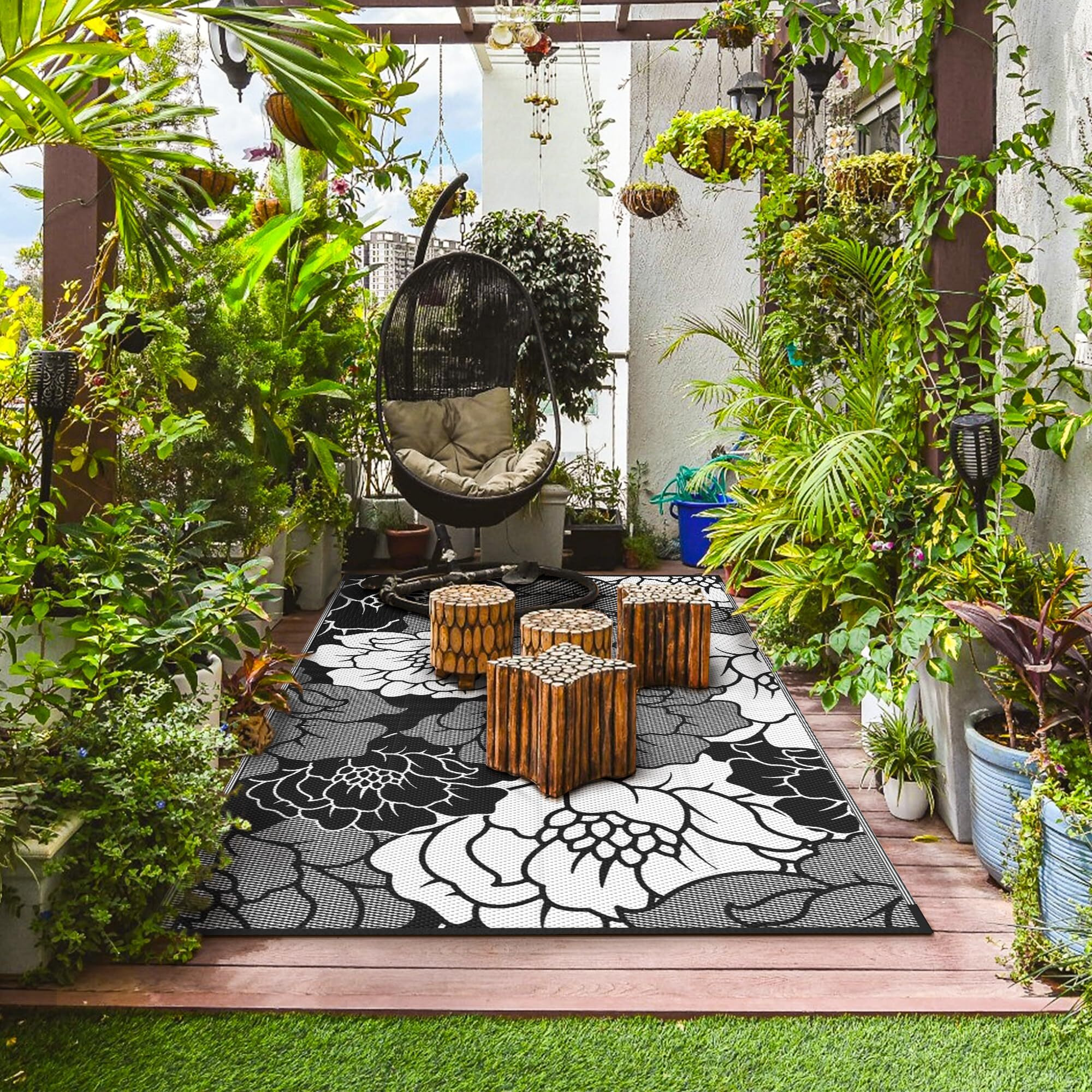 Genimo Outdoor Rug For Patio Clearance, 5'X8' Waterproof Mat, Reversible Plastic Straw Camping Carpet, Large Area Rugs For Rv, Backyard, Deck, Porch, Picnic, Mix-Black & White