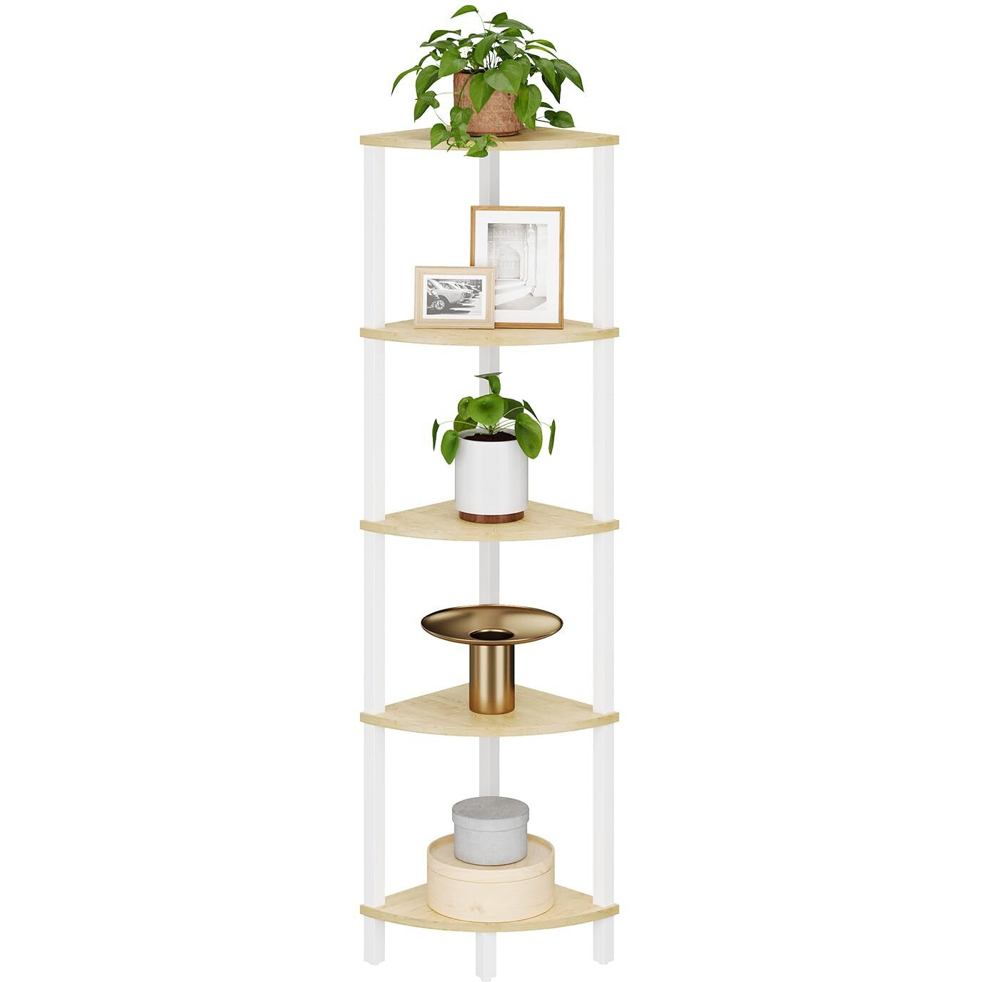 Vimber Corner Shelf, 5-Tier Corner Bookshelf, Industrial Corner Ladder Shelf, Rustic Display Shelf For Living Room, Bedroom, Kitchen, Home Office, White And Nature Wood Color Ujsj001Q