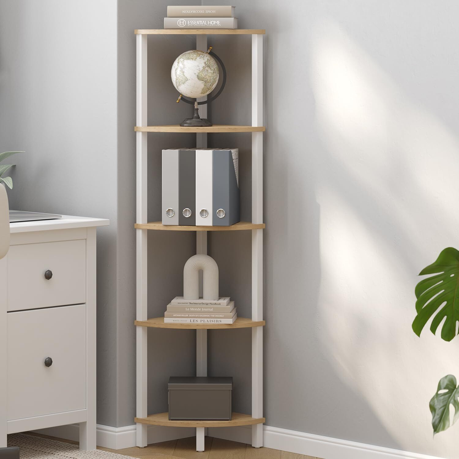 Vimber Corner Shelf, 5-Tier Corner Bookshelf, Industrial Corner Ladder Shelf, Rustic Display Shelf For Living Room, Bedroom, Kitchen, Home Office, White And Nature Wood Color Ujsj001Q