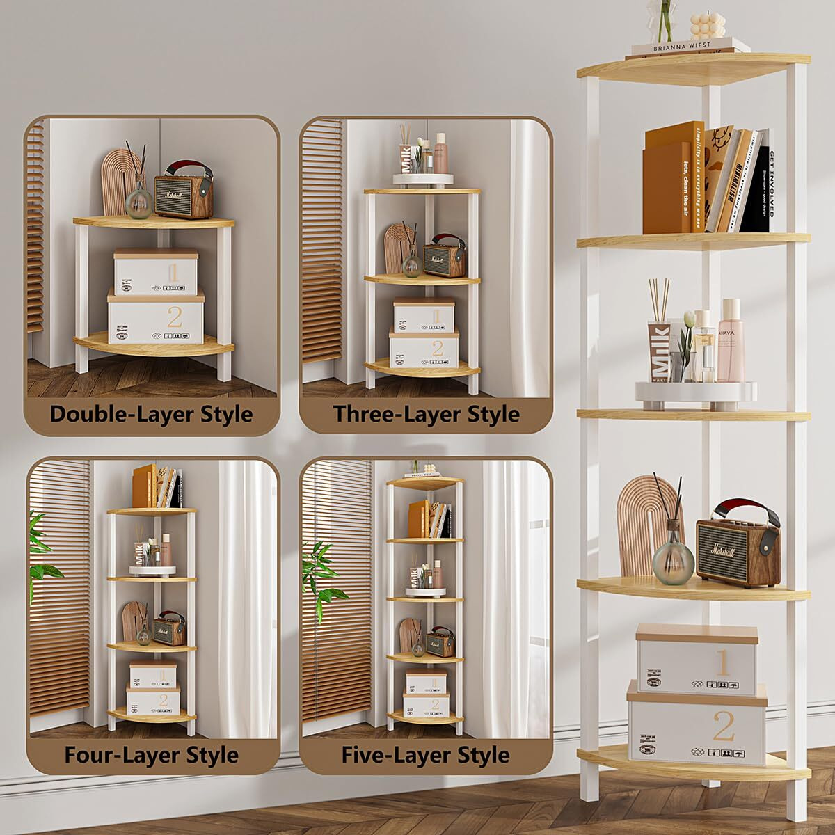 Vimber Corner Shelf, 5-Tier Corner Bookshelf, Industrial Corner Ladder Shelf, Rustic Display Shelf For Living Room, Bedroom, Kitchen, Home Office, White And Nature Wood Color Ujsj001Q