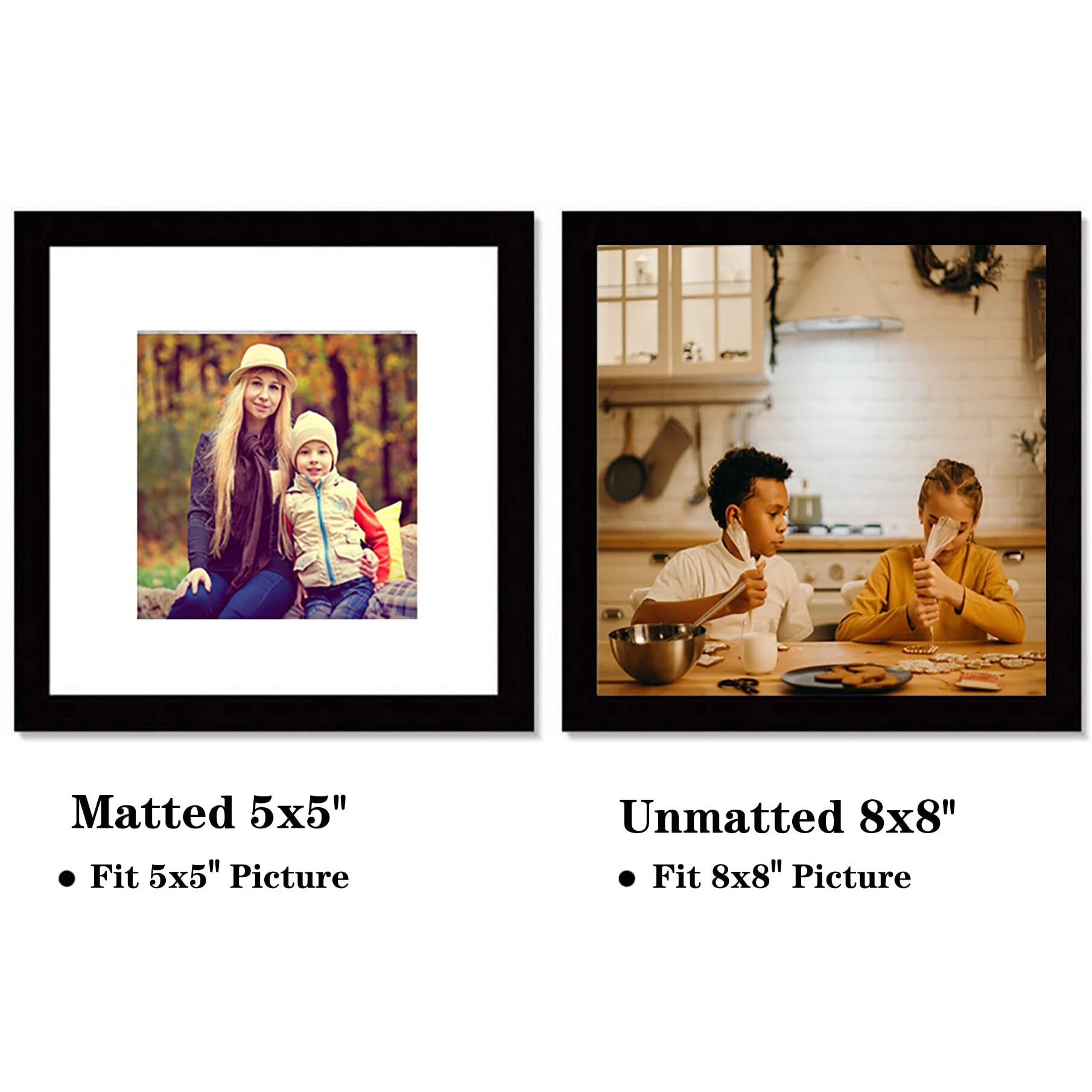 Pojah 8X8 Black Picture Frame Set,Square Photo Frame With Mat Display Pictures 5X5 Or 8X8 Without Mat,Pvc Glass,For Wall Home Office D  Cor(8X8,Black)