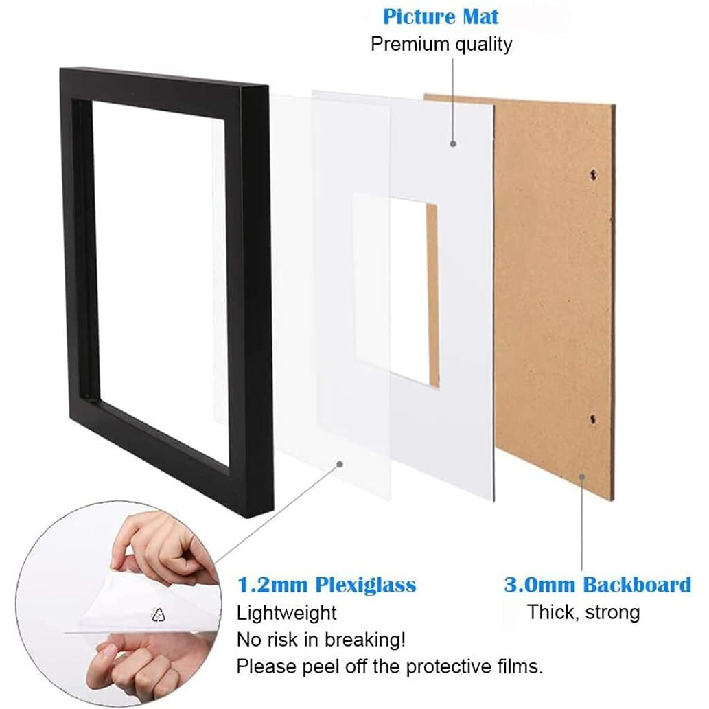 Pojah 8X8 Black Picture Frame Set,Square Photo Frame With Mat Display Pictures 5X5 Or 8X8 Without Mat,Pvc Glass,For Wall Home Office D  Cor(8X8,Black)