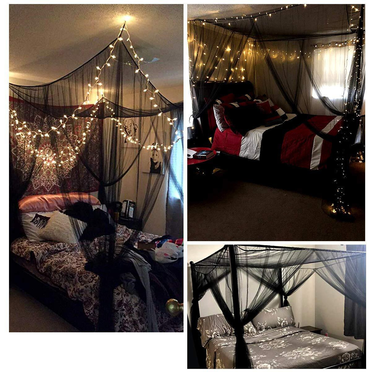 Comtelek Mosquito Net For Bed Canopy, Four Corner Post Curtains Bed Canopy Elegant Mosquito Net Set, Stick Hook &Profession Rope For Net, Screen Netting Canopy Curtains, Full/Queen/King/Black