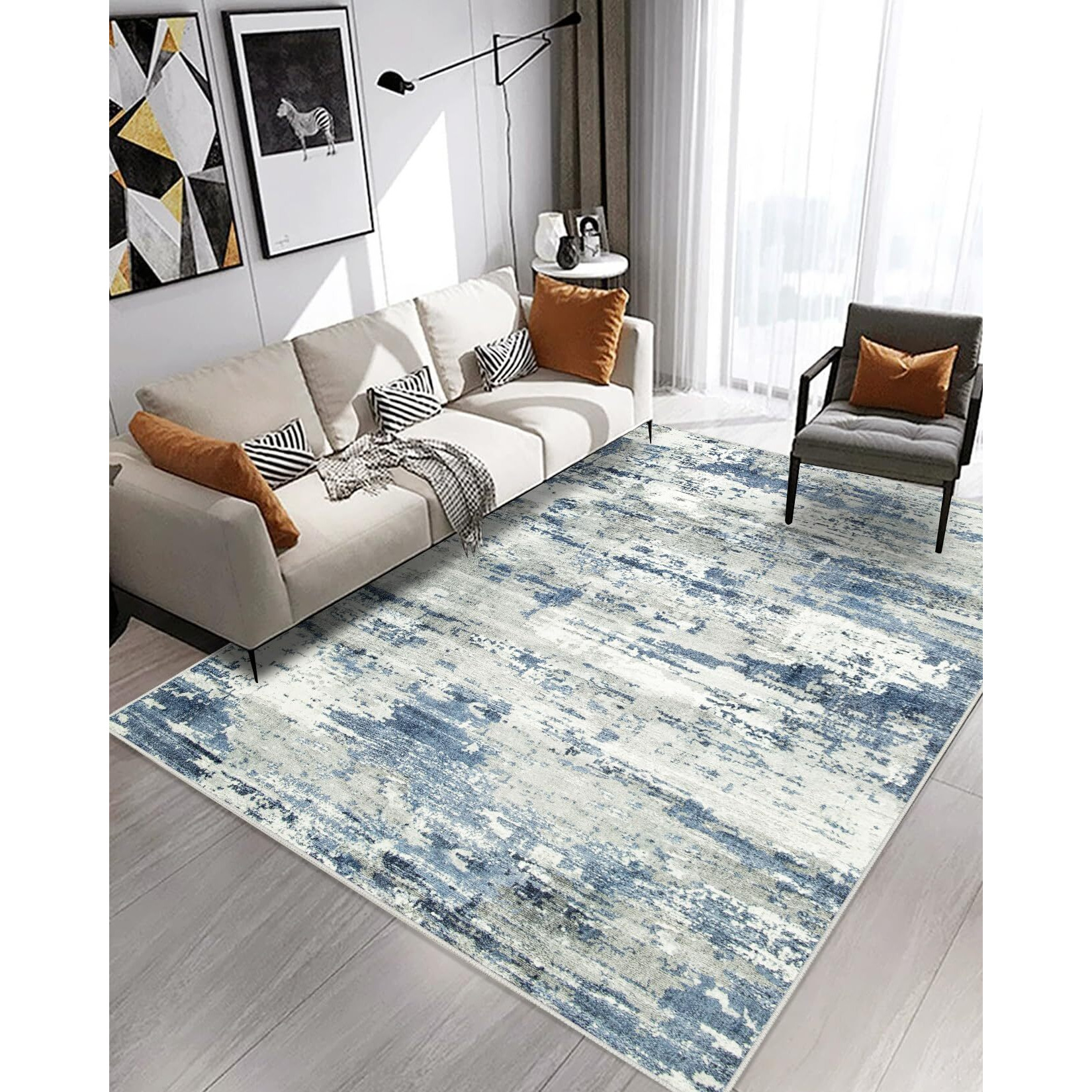 Area Rugs 9X12 Living Room Large Soft Washable Rug Modern Abstract Anti-Skid Non-Shedding Carpet Indoor Floor Thin Carpets For Bedroom Dining Room Farmhouse Nursery Home Office Grey Blue