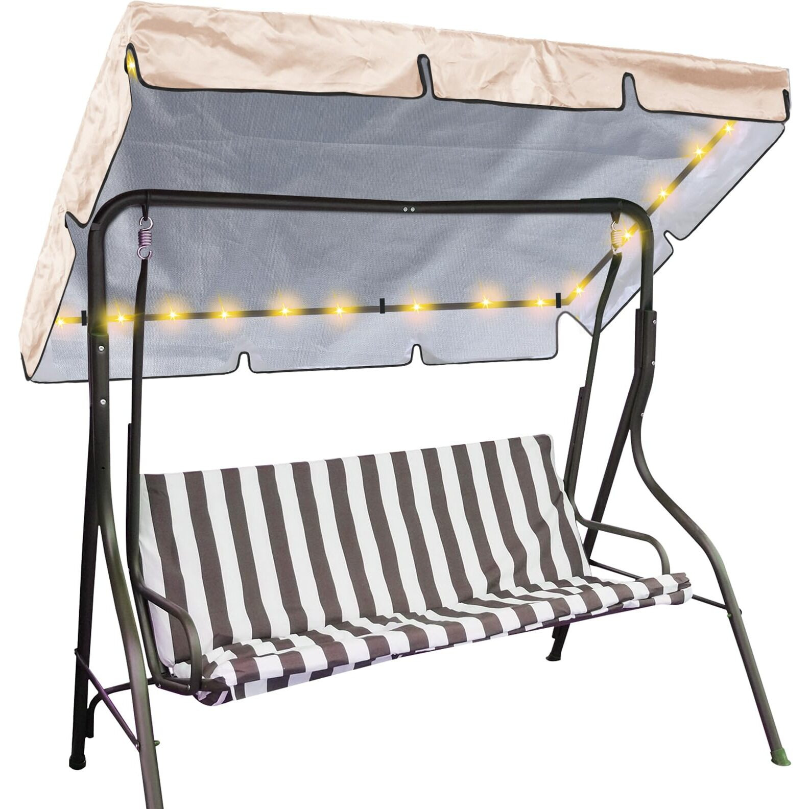 Glicraft Led Lighted Porch Swing Canopy Replacement Waterproof Swing Top Cover Led Swing Canopy Replacement Canopy Sun Shade Awning Cover Outdoor Patio Swing Canopy (Beige,77 X 49 Inch)