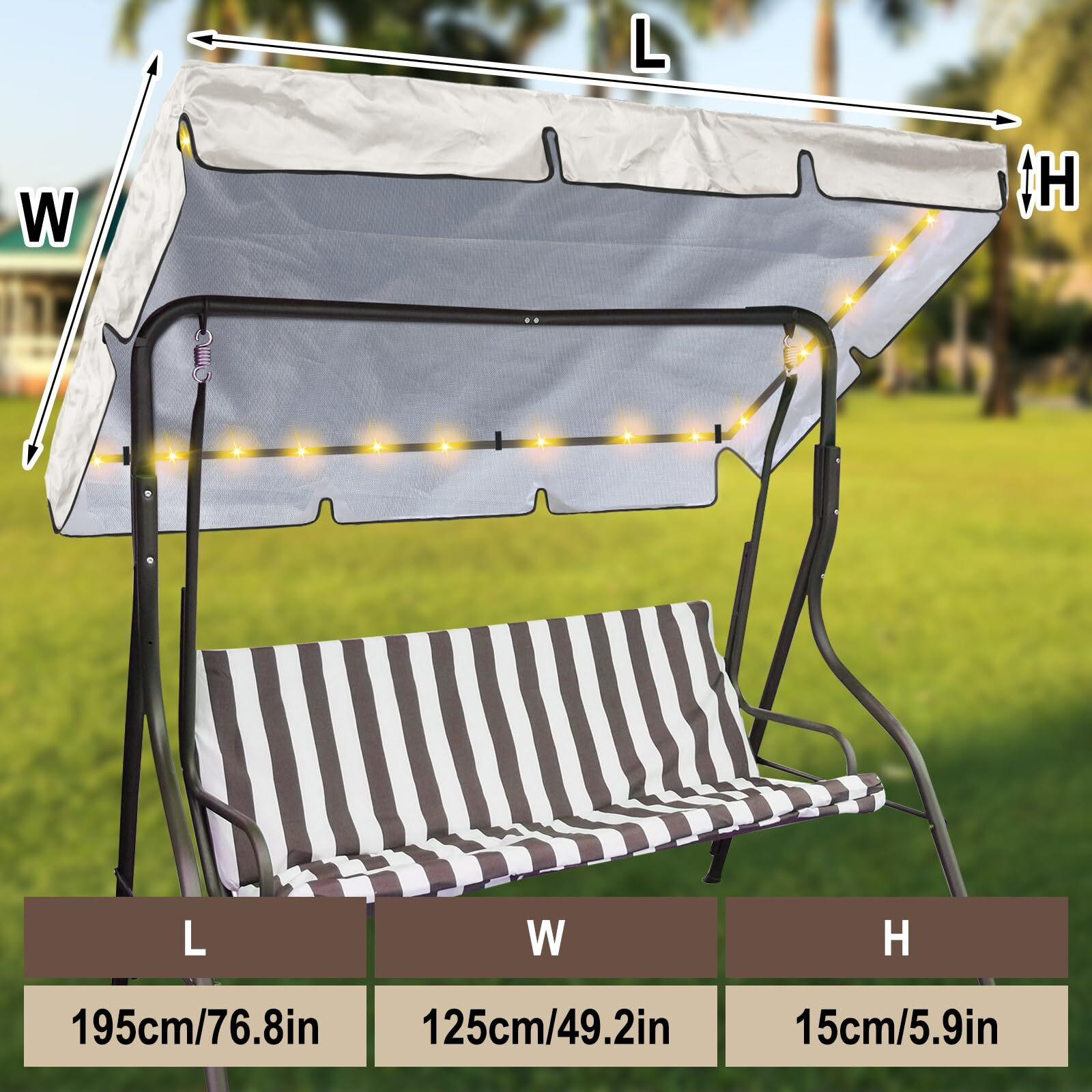 Glicraft Led Lighted Porch Swing Canopy Replacement Waterproof Swing Top Cover Led Swing Canopy Replacement Canopy Sun Shade Awning Cover Outdoor Patio Swing Canopy (Beige,77 X 49 Inch)