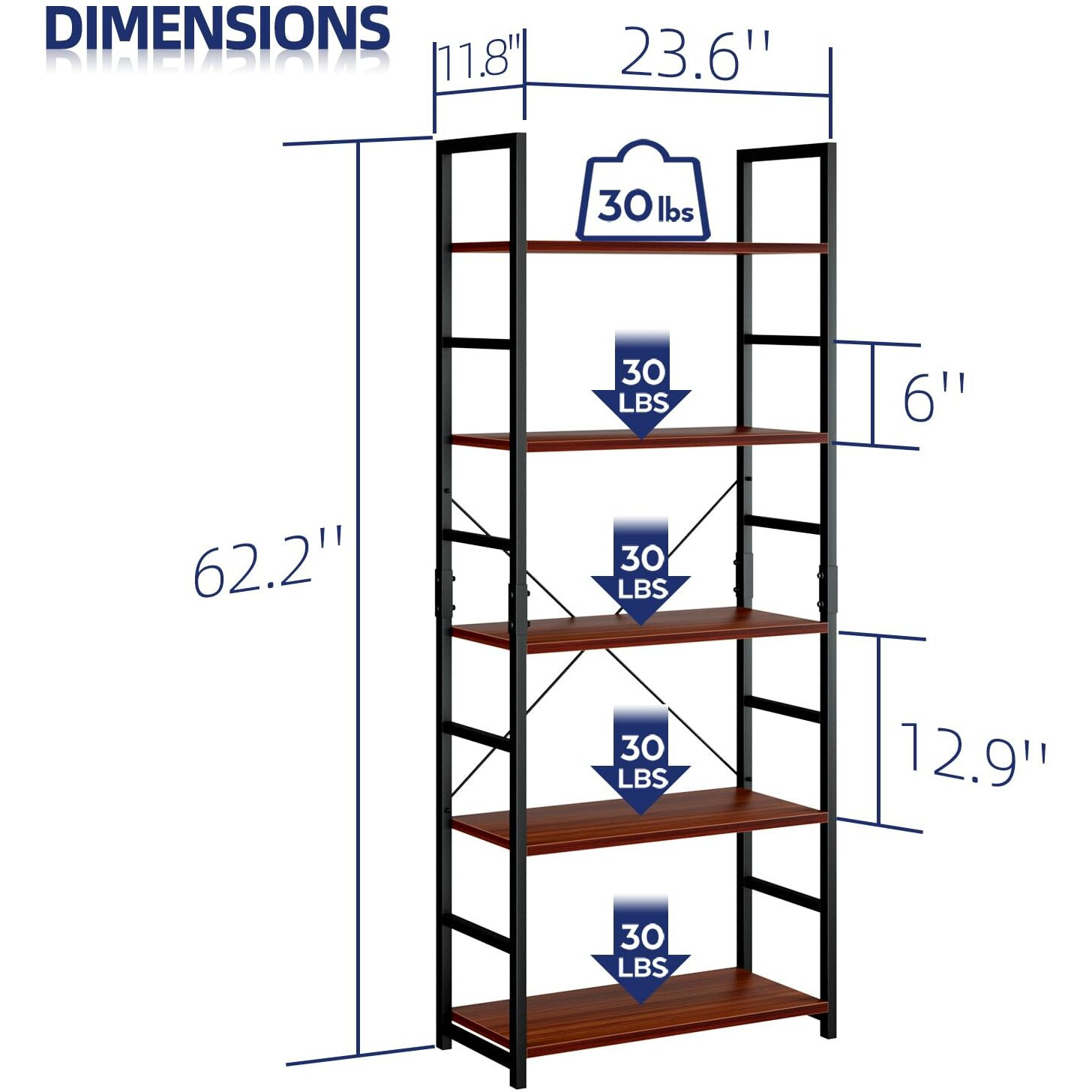 Numenn 5 Tier Bookshelf, Tall Bookcase Shelf Storage Organizer, Modern Book Shelf For Bedroom, Living Room And Home Office, Teak