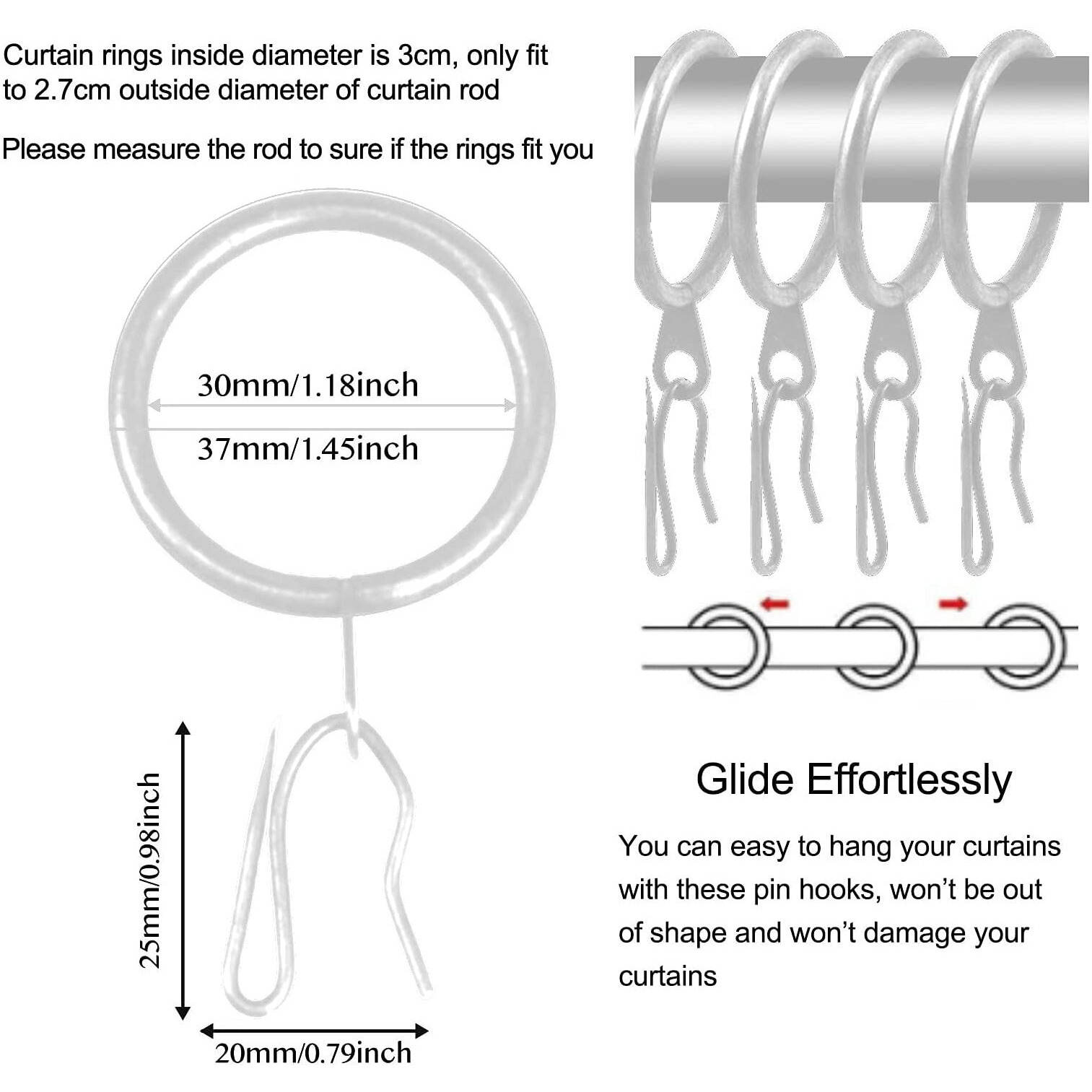 60 Pcs Metal Drapery Curtain Rings Curtain Rods Rings And 60 Pcs Metal Curtain Hooks Curtain Drapery Pin, 30 Mm Internal Diameter Curtain Rings With Hooks For Drapes (Matt Silver)