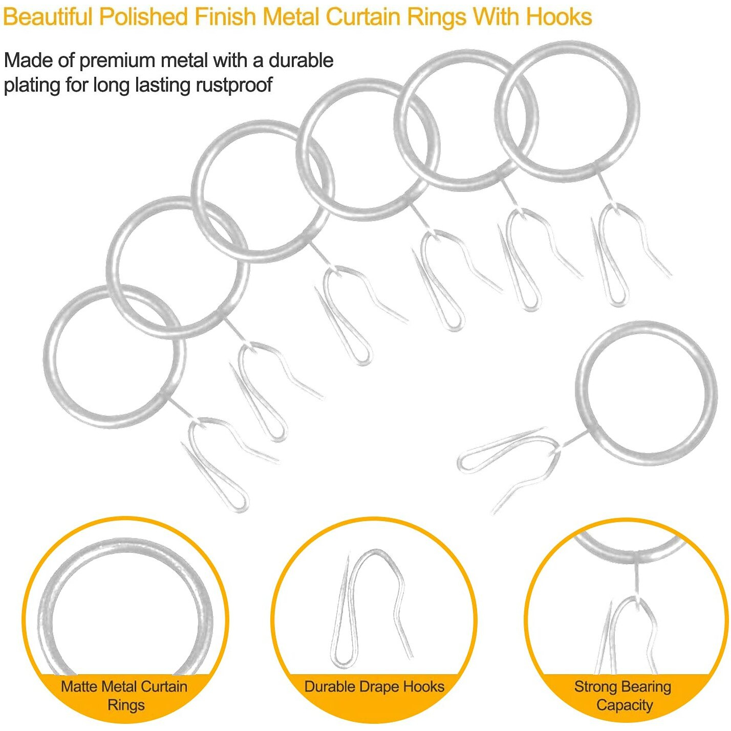 60 Pcs Metal Drapery Curtain Rings Curtain Rods Rings And 60 Pcs Metal Curtain Hooks Curtain Drapery Pin, 30 Mm Internal Diameter Curtain Rings With Hooks For Drapes (Matt Silver)