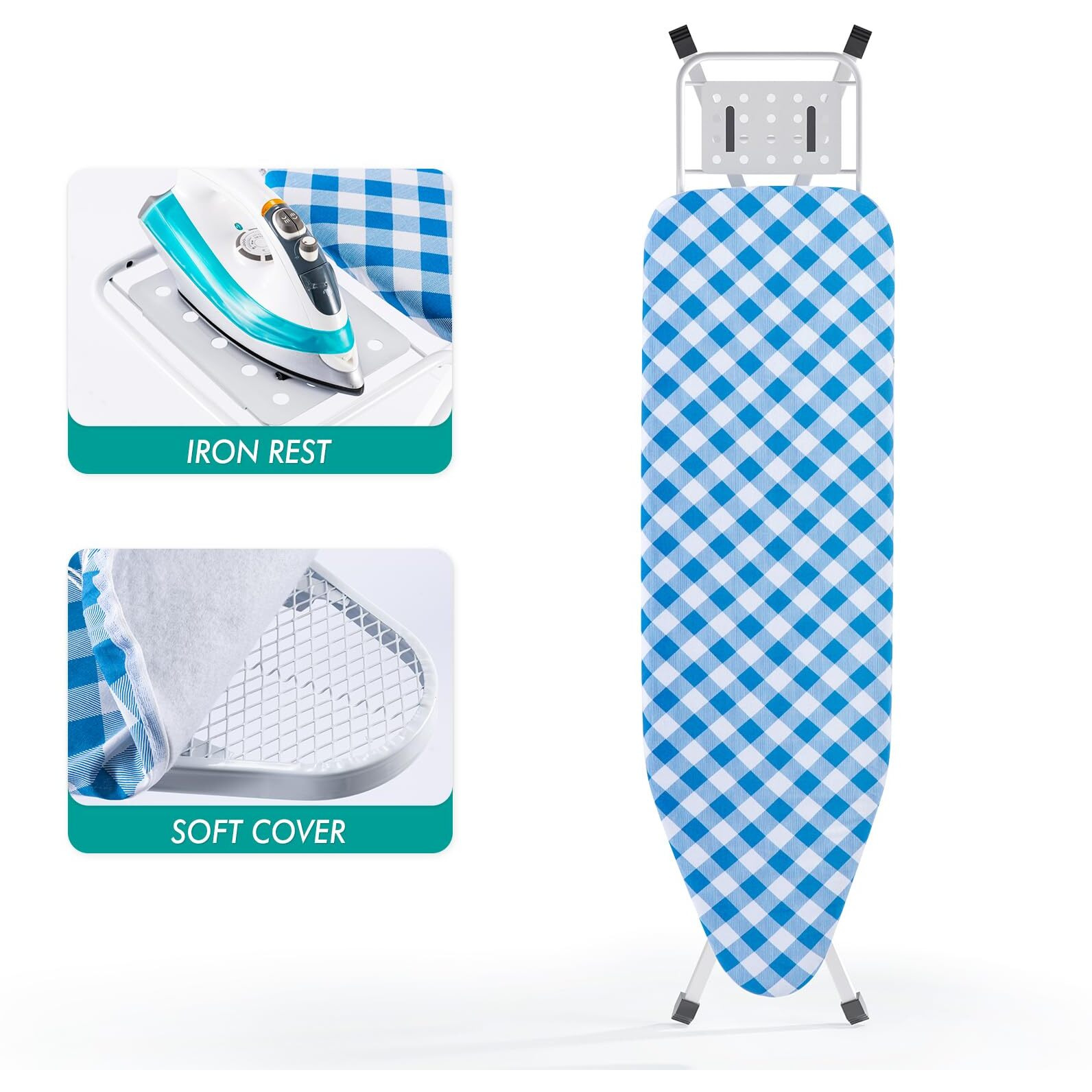 Bktd Ironing Board, Heat Resistant Cover Iron Board With Steam Iron Rest, Non-Slip Foldable Ironing Stand. Heavy Sturdy Metal Frame Legs Iron Stand(13 * 34 * 53 Inches) (Blue White)