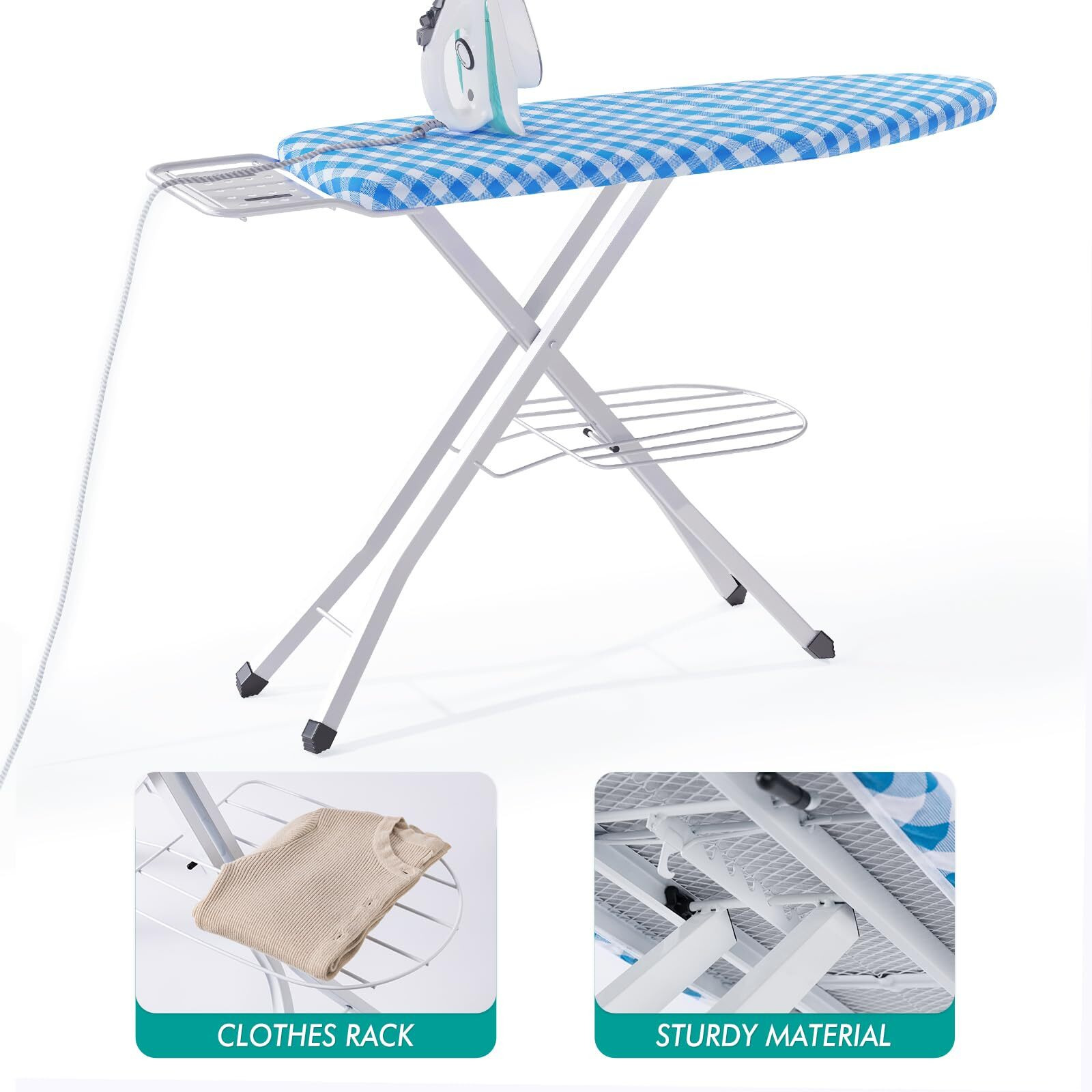 Bktd Ironing Board, Heat Resistant Cover Iron Board With Steam Iron Rest, Non-Slip Foldable Ironing Stand. Heavy Sturdy Metal Frame Legs Iron Stand(13 * 34 * 53 Inches) (Blue White)