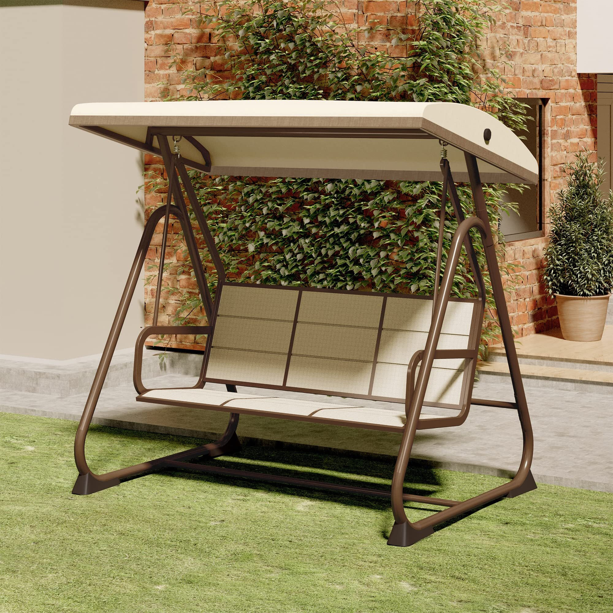 East Oak 3-Person Outdoor Patio Swing Chair With Adjustable Canopy, Porch Swing With Comfortable And Breathable Seats, Outdoor Swing Chairs For Garden, Balcony, Backyard, Chestnut Brown