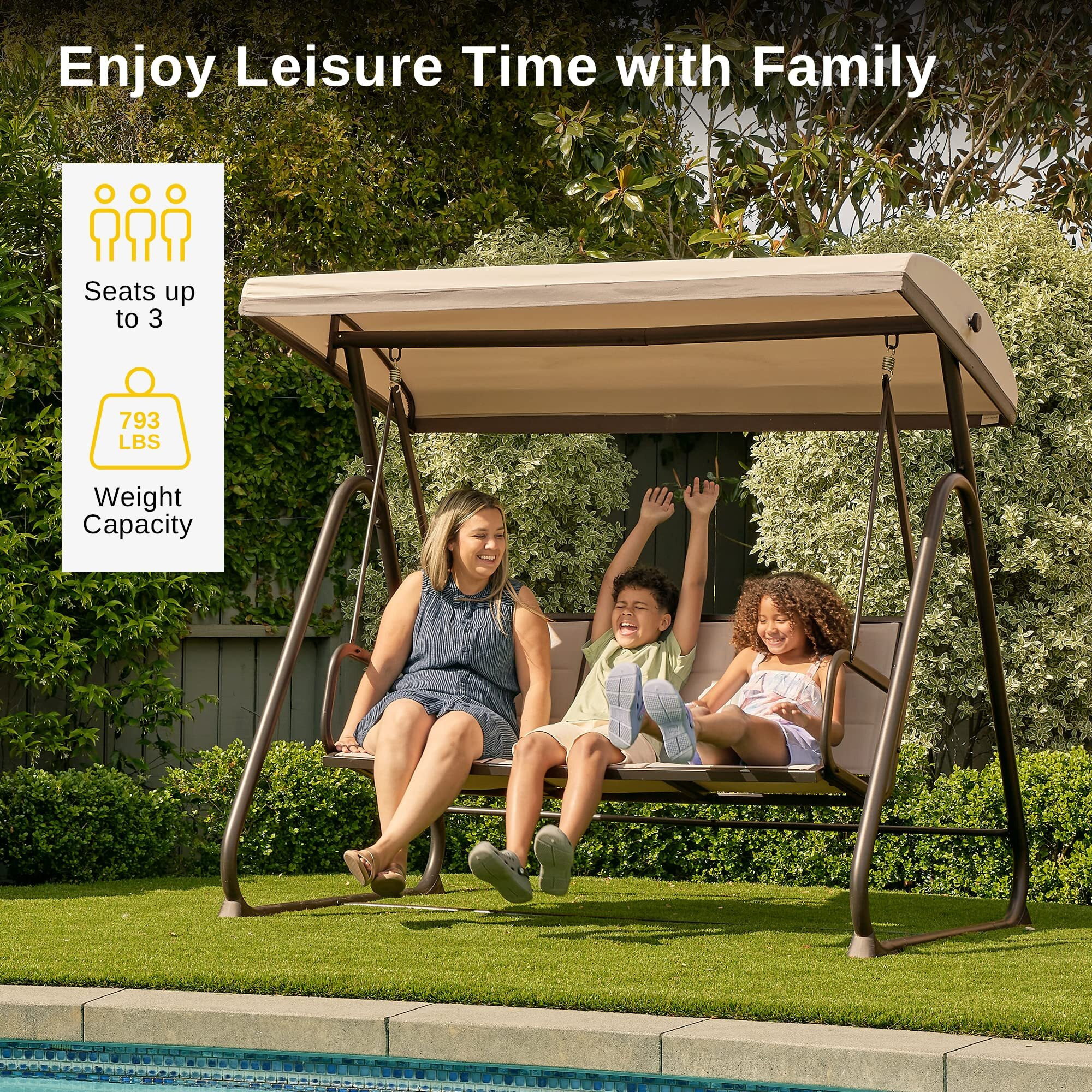 East Oak 3-Person Outdoor Patio Swing Chair With Adjustable Canopy, Porch Swing With Comfortable And Breathable Seats, Outdoor Swing Chairs For Garden, Balcony, Backyard, Chestnut Brown