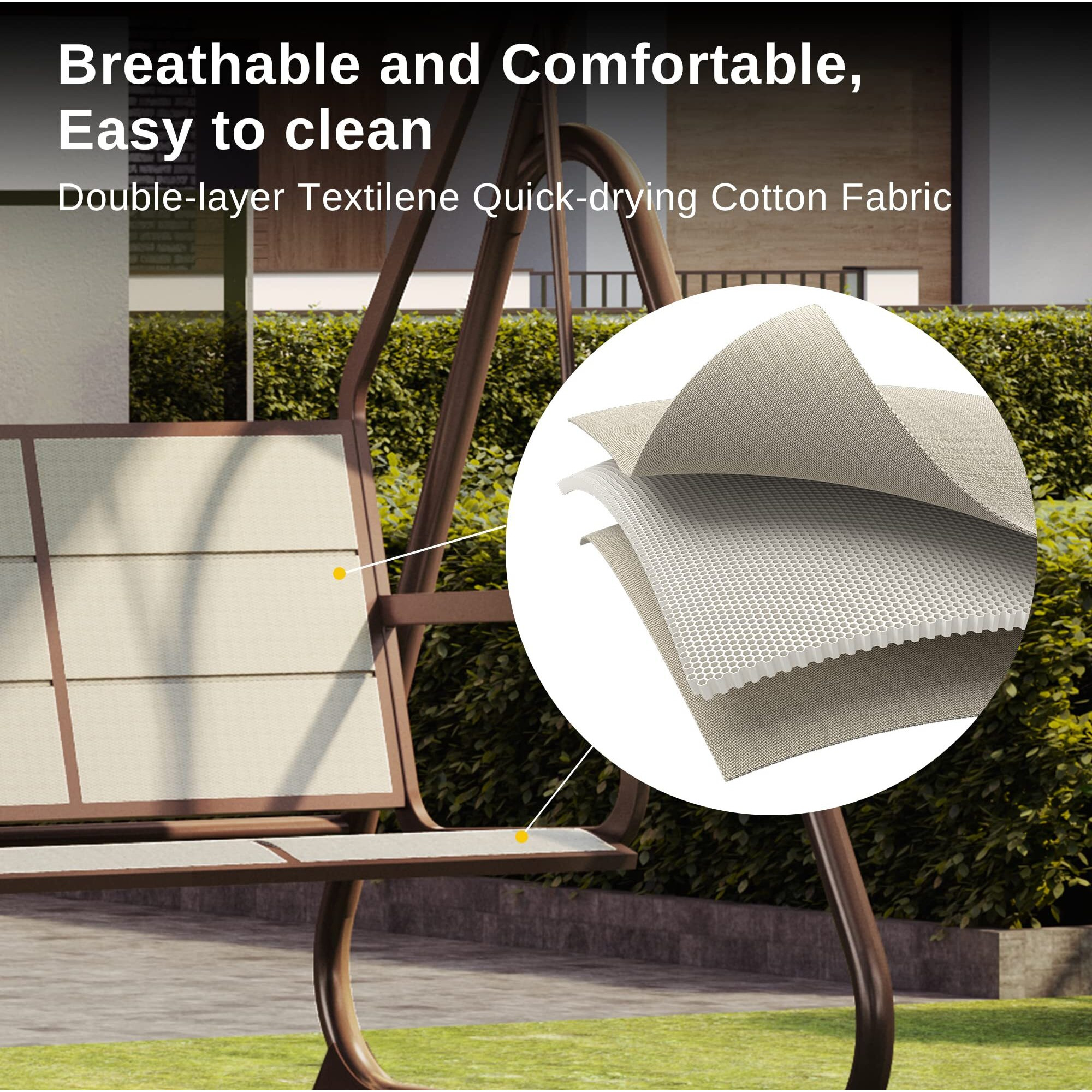 East Oak 3-Person Outdoor Patio Swing Chair With Adjustable Canopy, Porch Swing With Comfortable And Breathable Seats, Outdoor Swing Chairs For Garden, Balcony, Backyard, Chestnut Brown