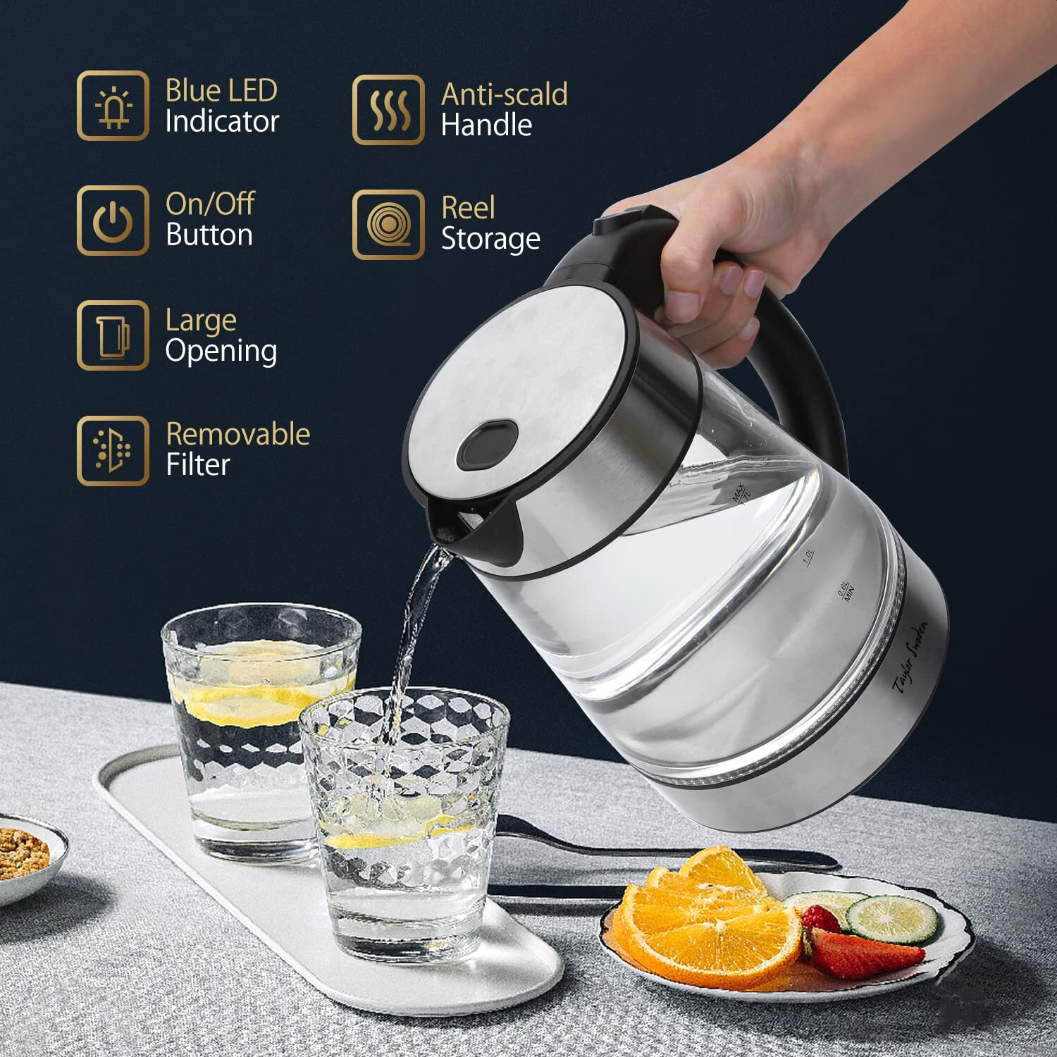 Taylor Swoden Glass Hot Water Kettle Electric For Tea And Coffee 1.7 Liter Fast Boiling Electric Kettle Cordless Water Boiler With Auto Shutoff & Boil Dry Protection