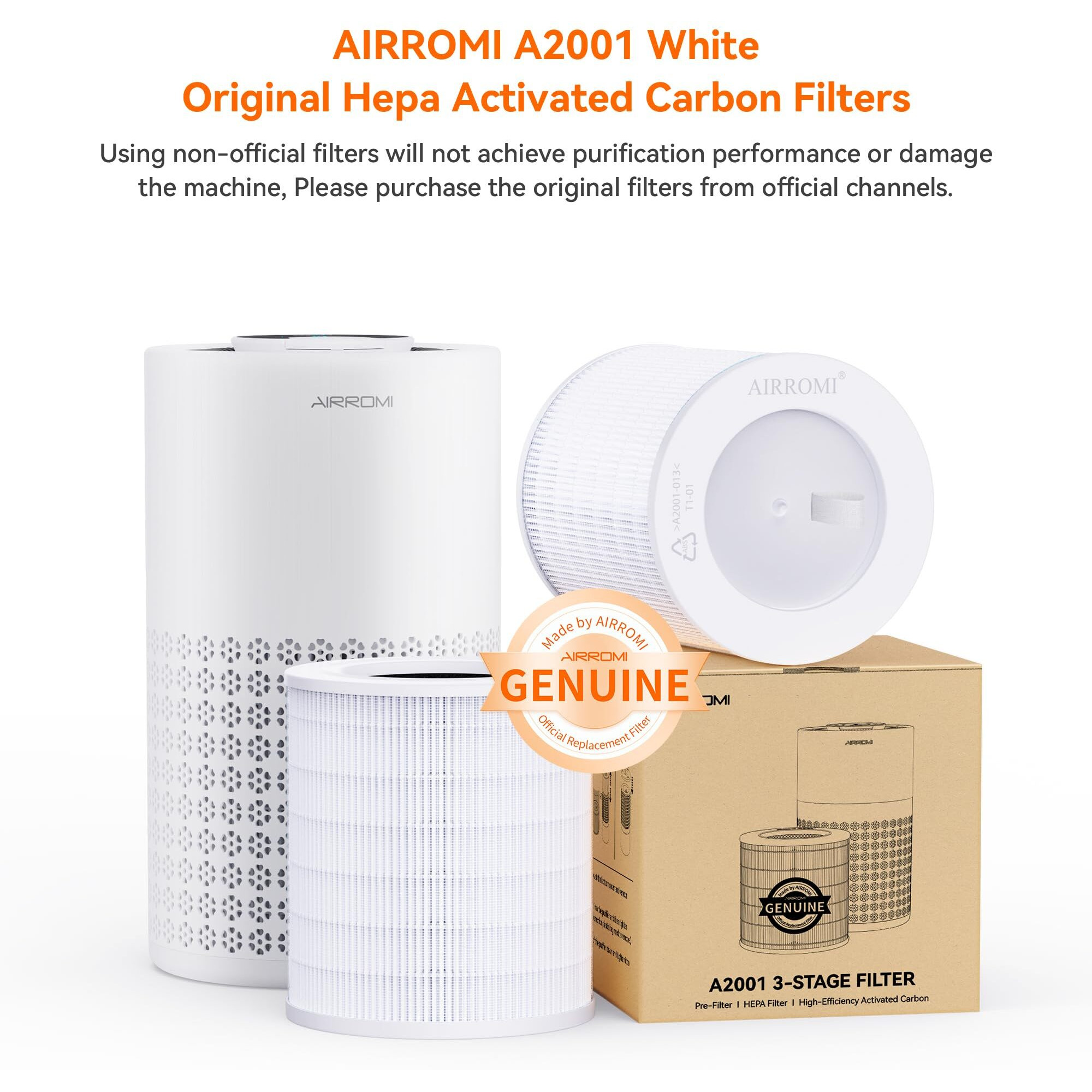 Airromi A2001 Hepa Air Purifier Replacement Filter, 3-In-1 Original Filter, Remove 99.97% Of 0.3 Micron Particle 1 Pack White Activated Carbon