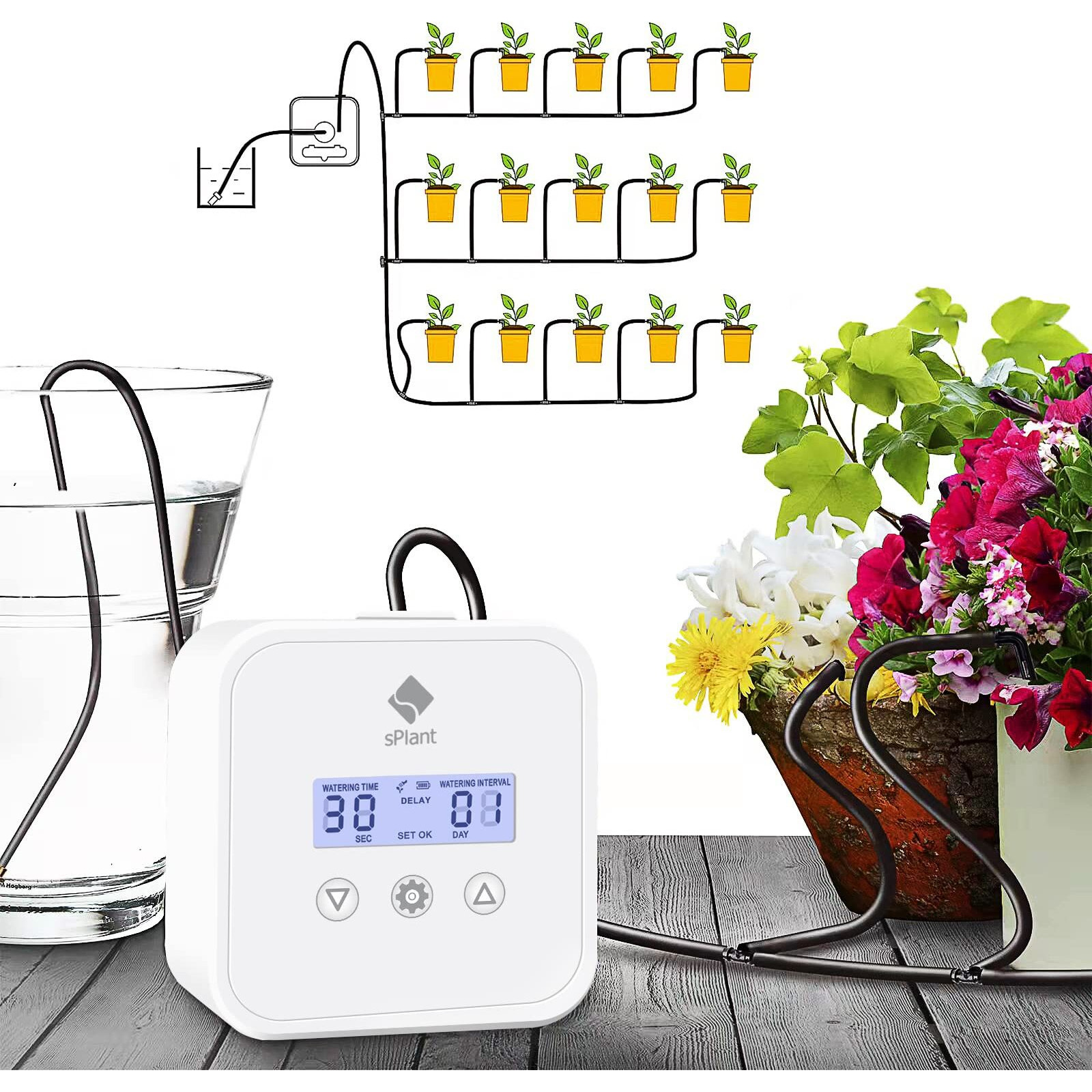 Splant [Upgraded Pump] Lcd Automatic Drip Irrigation Kit For 15 Plants, Diy Plant Self Watering System Device Digital Programmable Water Timer, Waterer For Indoor House Plant Vacation Watering