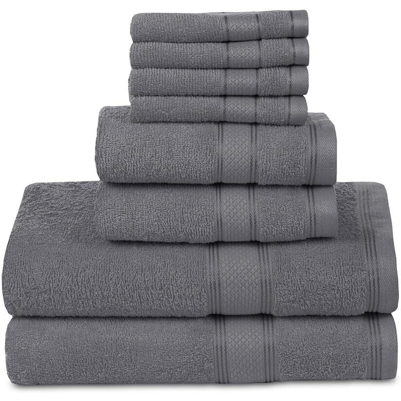 Casa Lino 8 Pc Premium Towel Set, Cotton Towels Set, 400 Gsm 2 Bath Towel, 2 Hand Towel, & 4 Washcloths, Bathroom Set, Head Towels Wrap For Ladies, Gym Towel For Men Workout Charcoal