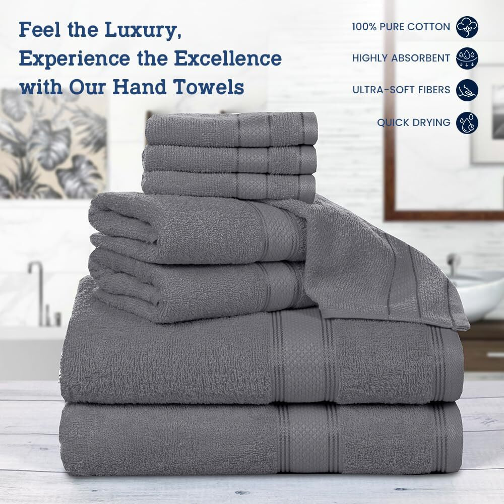 Casa Lino 8 Pc Premium Towel Set, Cotton Towels Set, 400 Gsm 2 Bath Towel, 2 Hand Towel, & 4 Washcloths, Bathroom Set, Head Towels Wrap For Ladies, Gym Towel For Men Workout Charcoal
