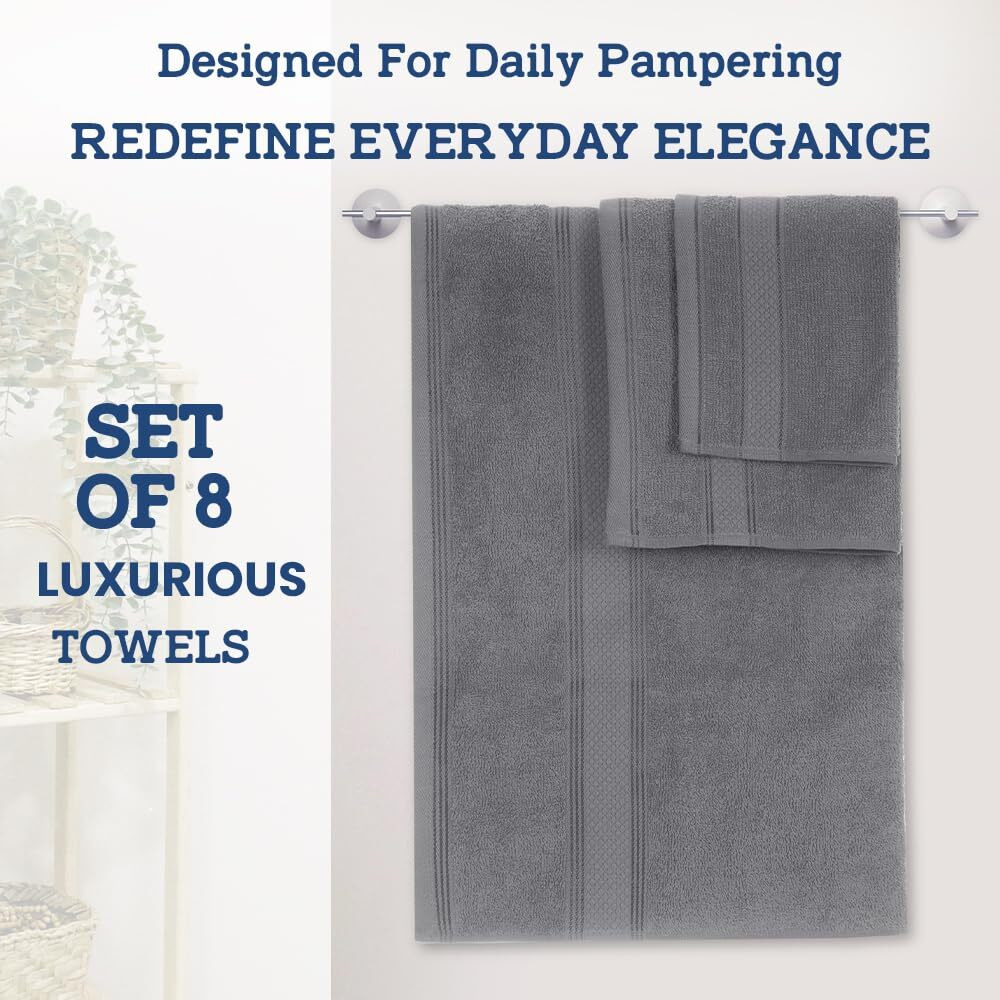 Casa Lino 8 Pc Premium Towel Set, Cotton Towels Set, 400 Gsm 2 Bath Towel, 2 Hand Towel, & 4 Washcloths, Bathroom Set, Head Towels Wrap For Ladies, Gym Towel For Men Workout Charcoal