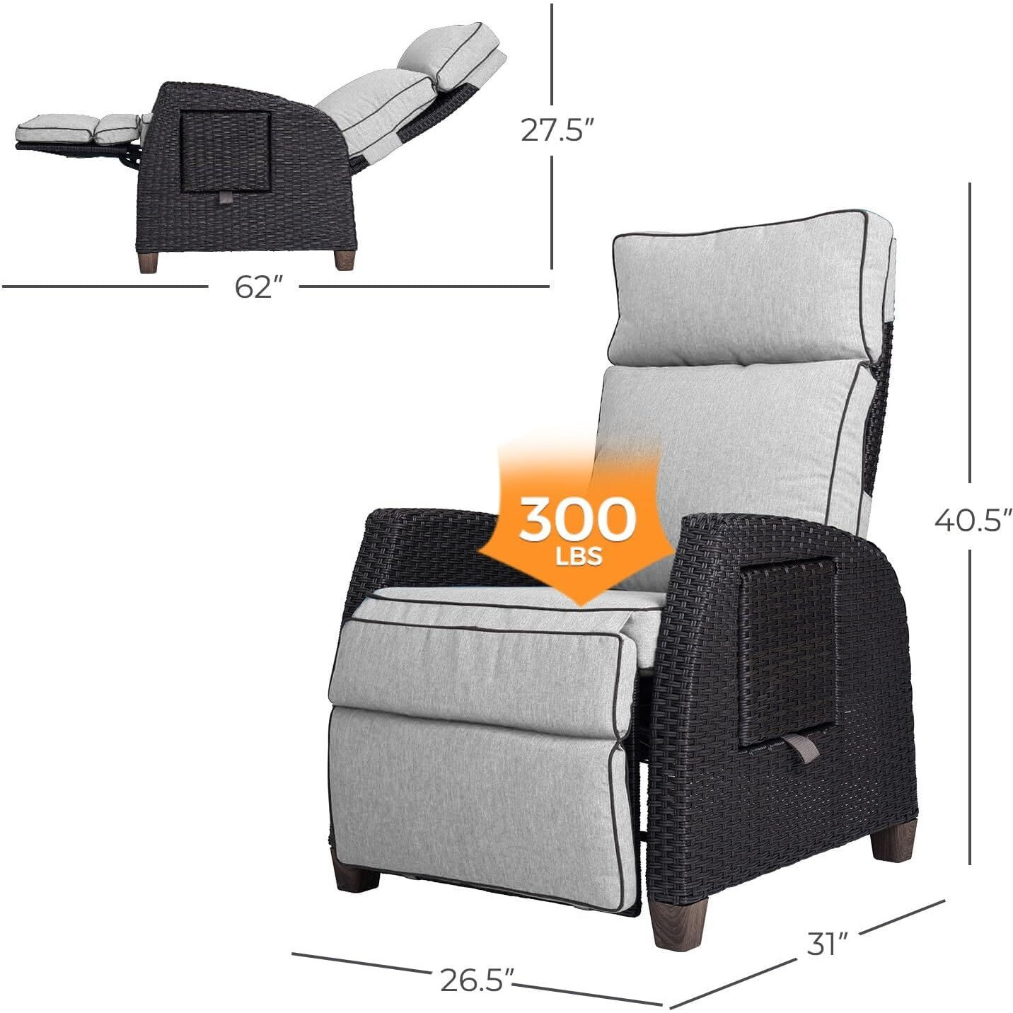 Grand Patio Outdoor Recliner Chair Patio 150 Lay Flat Recliner With Flip Table Wicker Reclining Lounge Chair, Griege