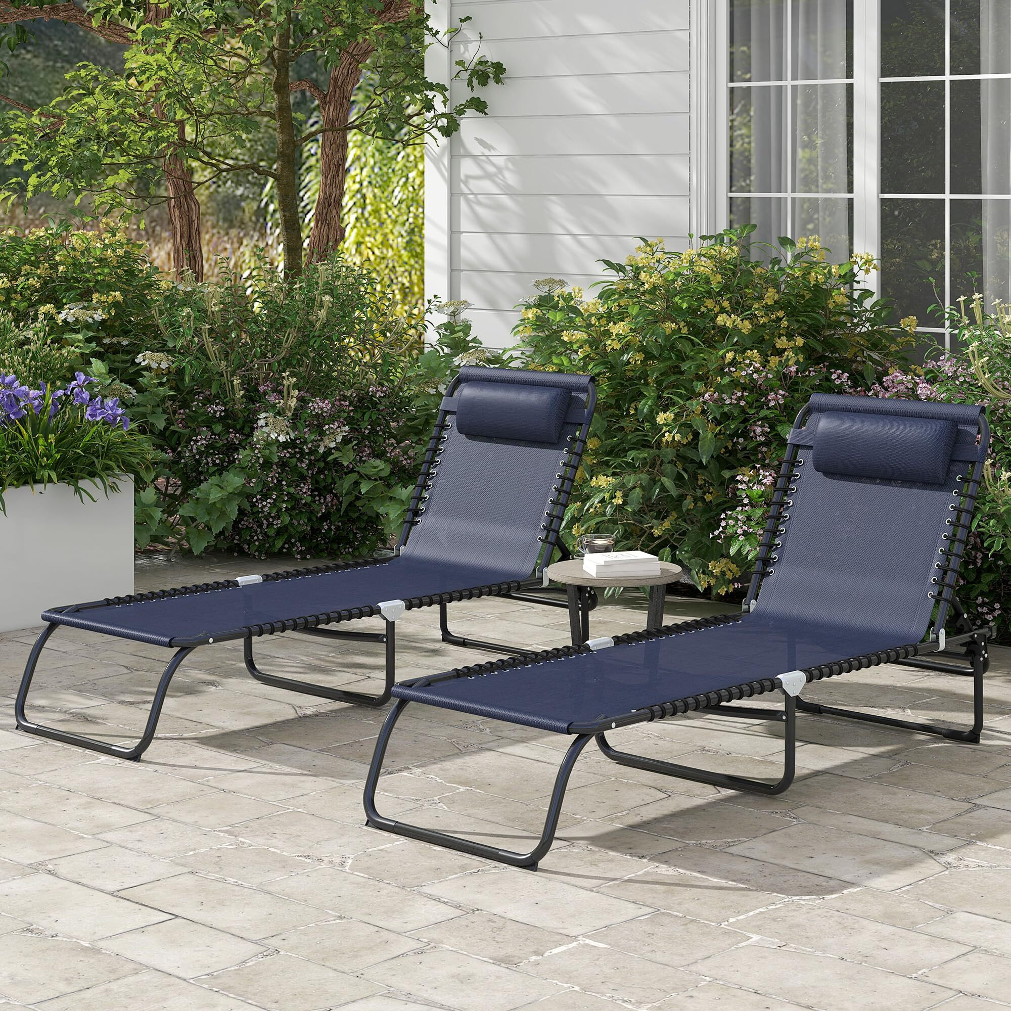 Outsunny Folding Chaise Lounge Pool Chair Set Of 2, Patio Sun Tanning Chair, Outdoor Lounge Chair With 4-Position Reclining Back, Breathable Mesh Seat For Beach, Yard, Patio, Dark Blue