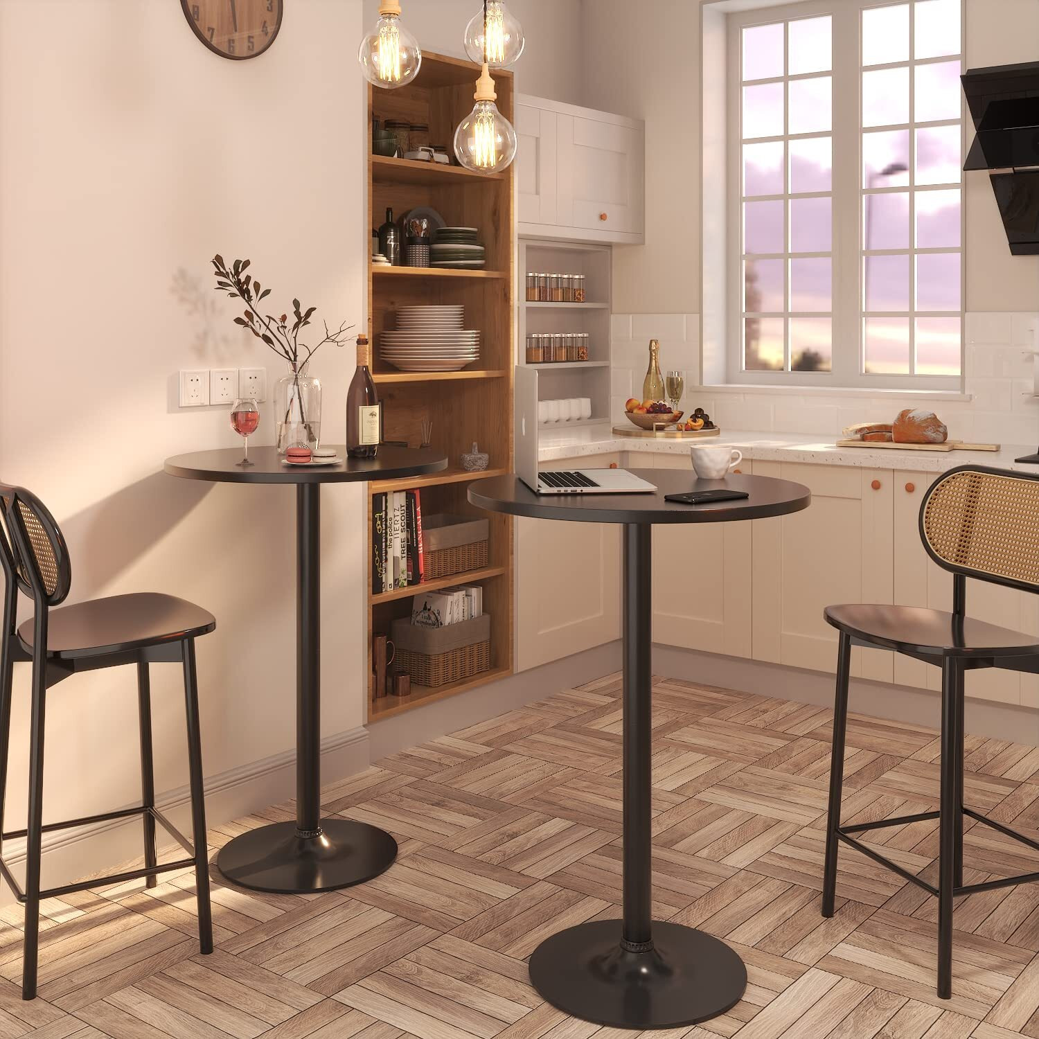 Furmax Bistro Pub Table 2 Pack Round Bar Height Cocktail Table Metal Base Mdf Top Obsidian Table With Black Leg 23.8-Inch Top, 39.5-Inch Height (Black)