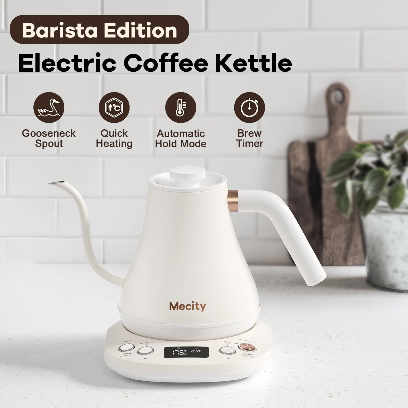 Mecity Electric Gooseneck Kettle With Keep Warm Function & Lcd Display Automatic Shut Off Coffee Kettle Temperature Control Pour Over Kettle 1200 Watt, 0.8L, 120V, Off White
